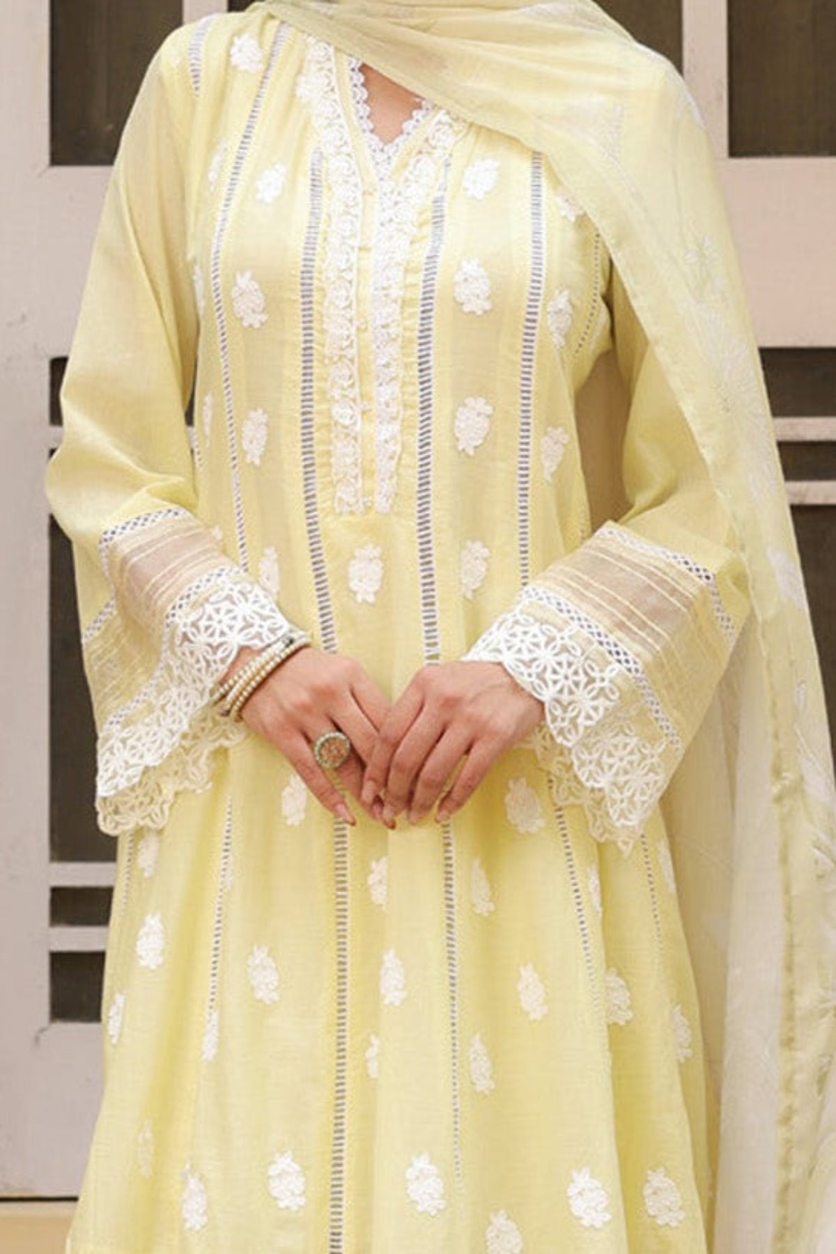 Pastel Yellow Mal Cotton Embroidered Anarkali Suit Set With Dupatta