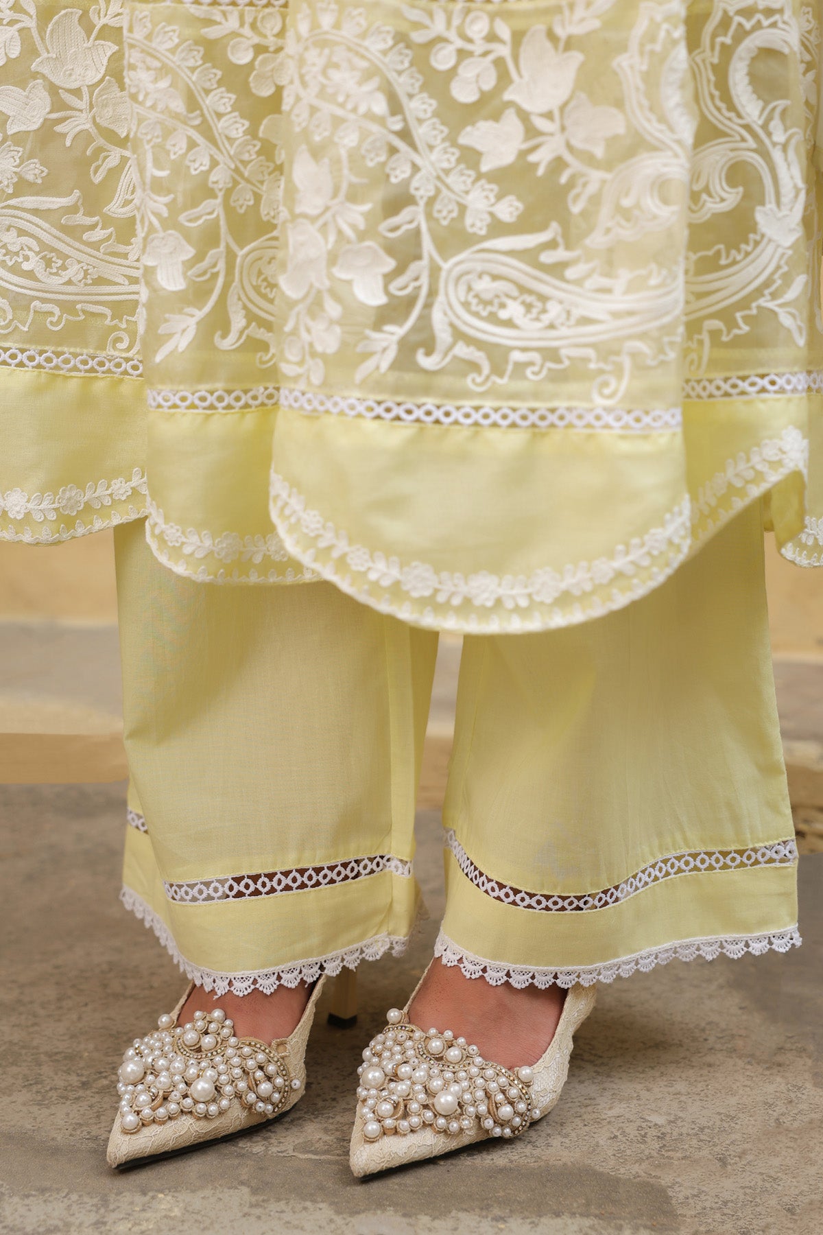 Pastel Yellow Mal Cotton Embroidered Anarkali Suit Set With Dupatta