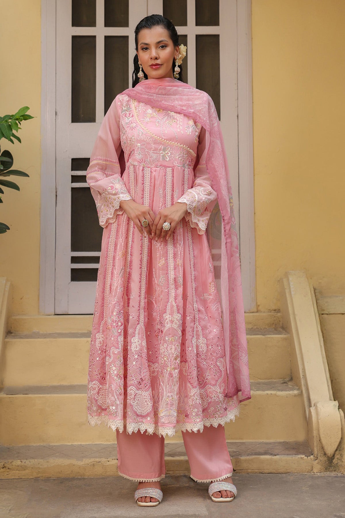 Dusty Pink Organza Embroidered Anarkali Suit Set With Dupatta