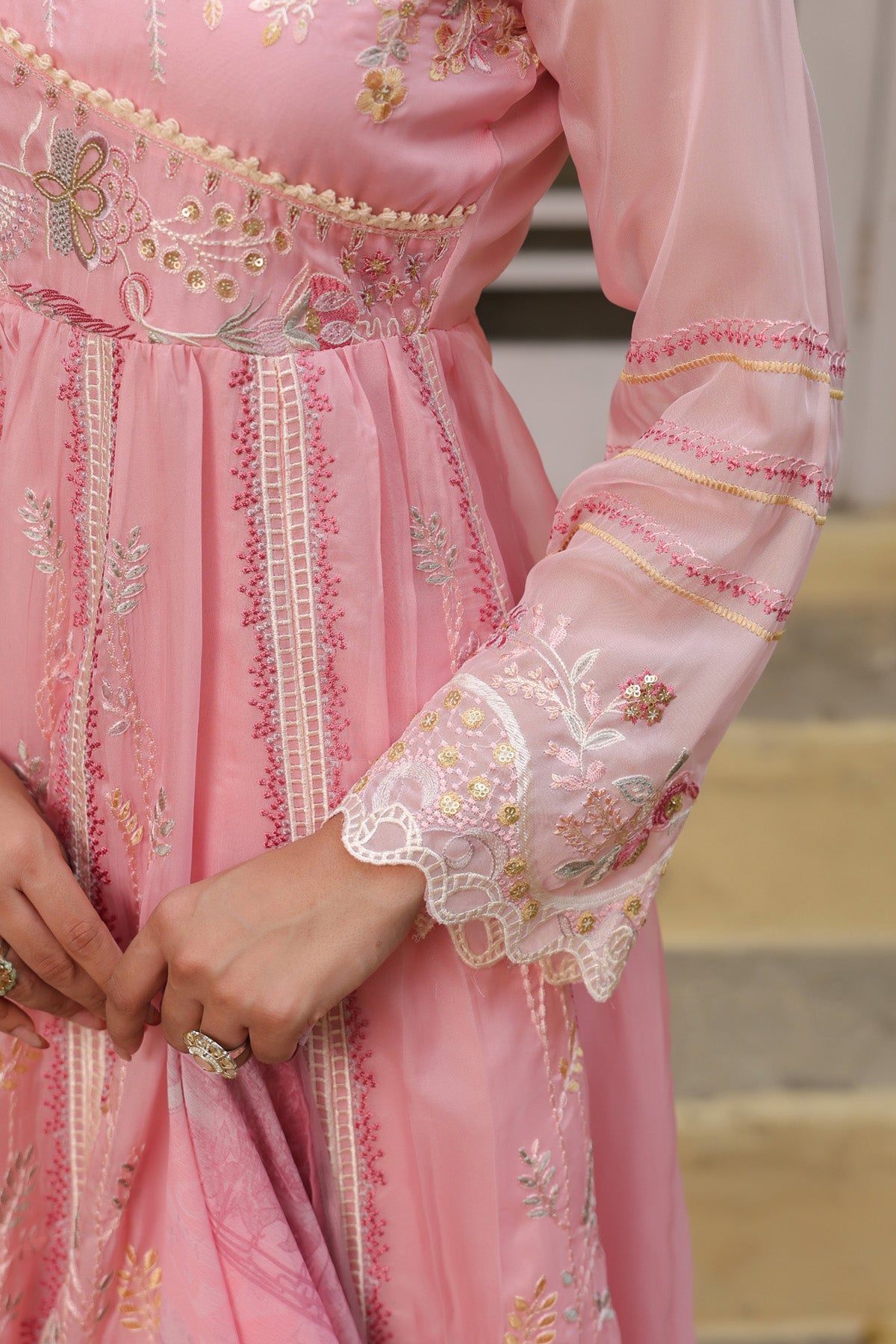 Dusty Pink Organza Embroidered Anarkali Suit Set With Dupatta