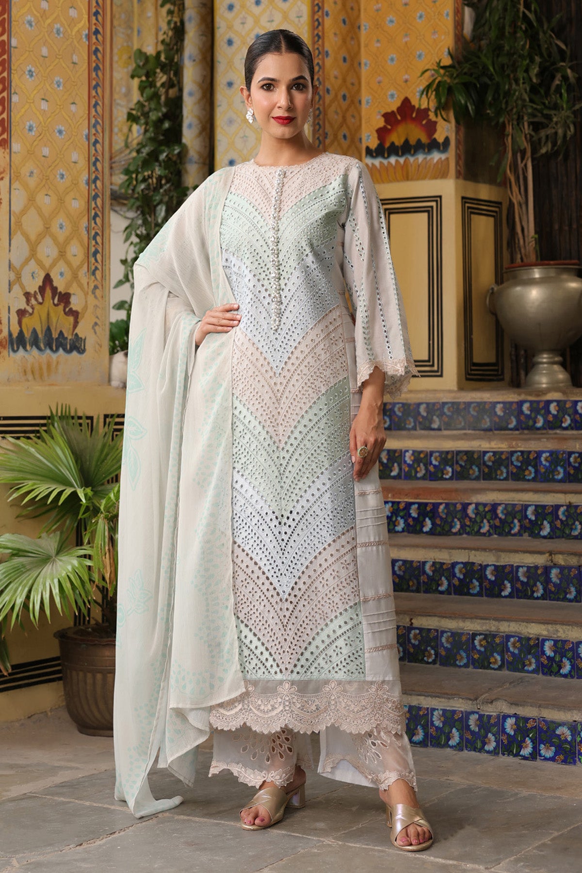 Mint Green Cotton Handwork Straight Pakistani Suit Set