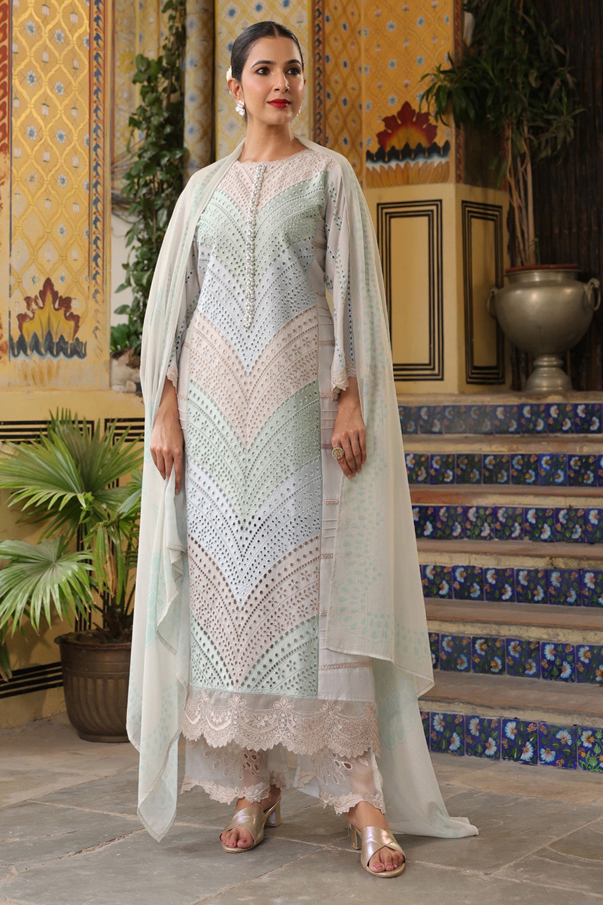Mint Green Cotton Handwork Straight Pakistani Suit Set