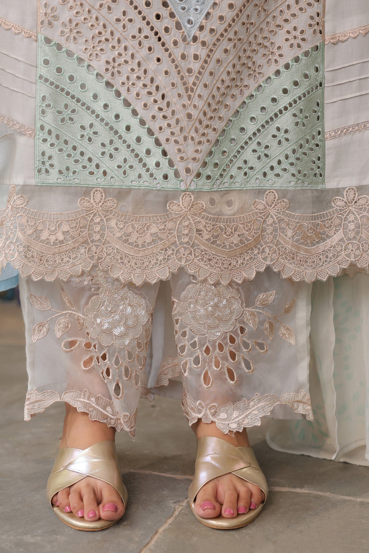 Mint Green Cotton Handwork Straight Pakistani Suit Set