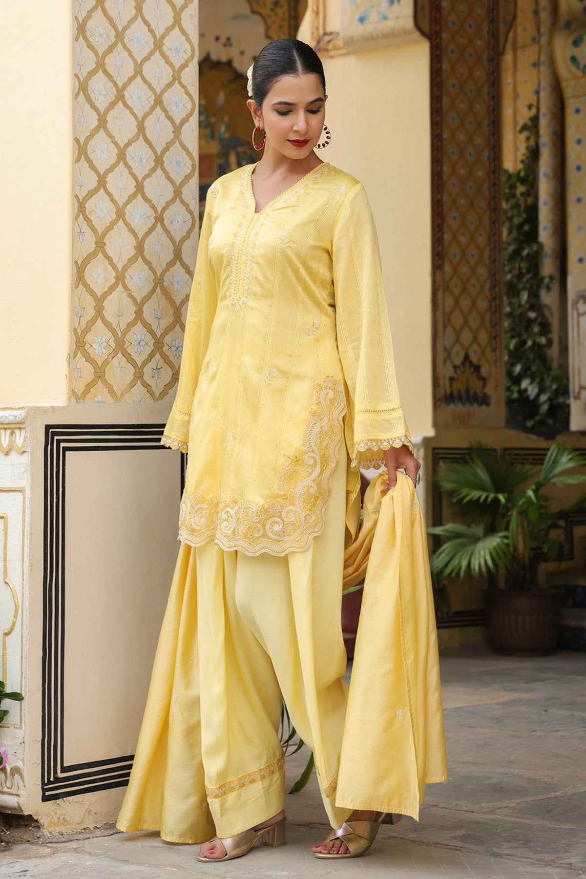 Pastel Yellow Chanderi Embroidered Farshi Suit Set With Dupatta