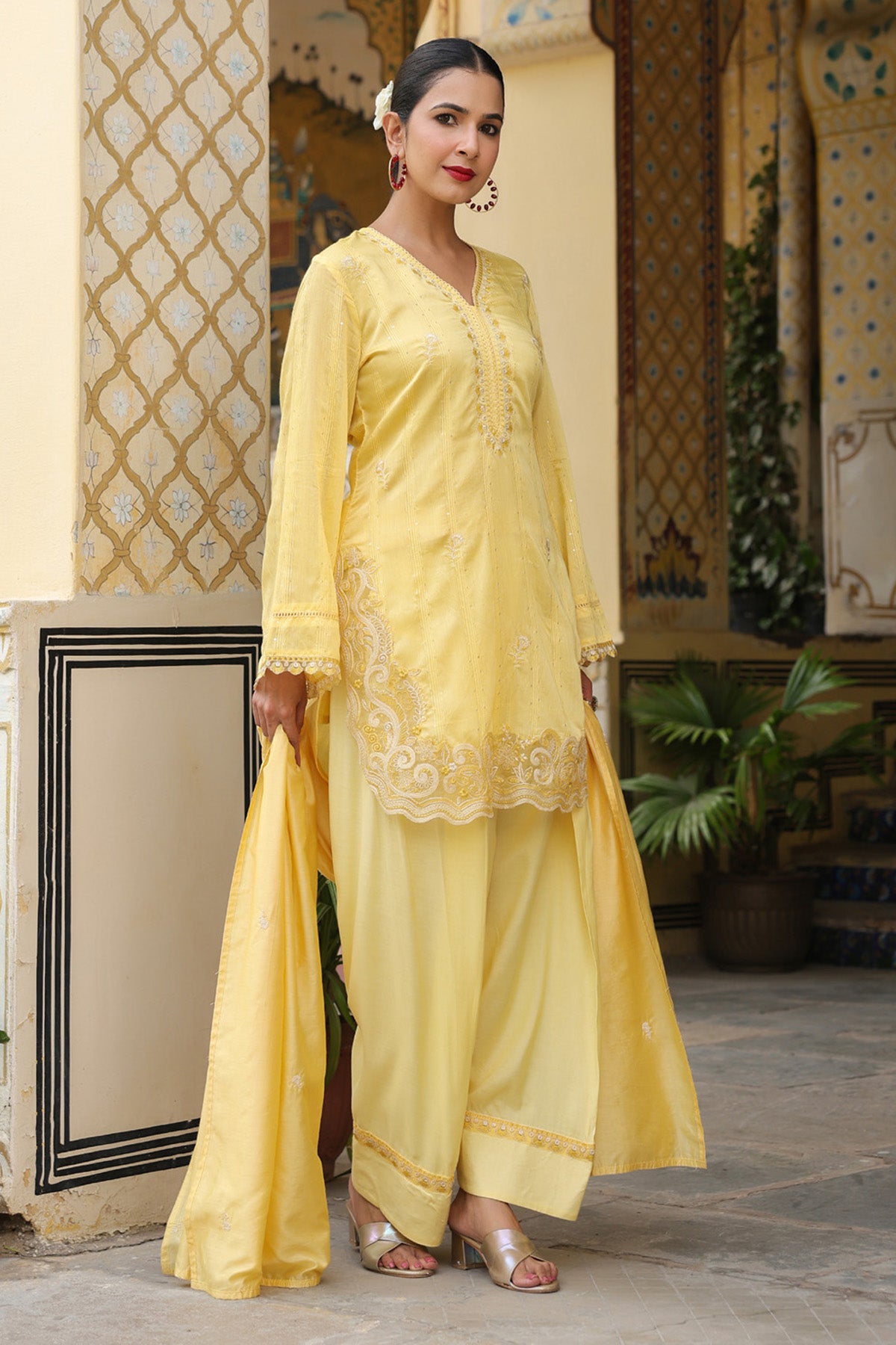 Pastel Yellow Chanderi Embroidered Farshi Suit Set With Dupatta