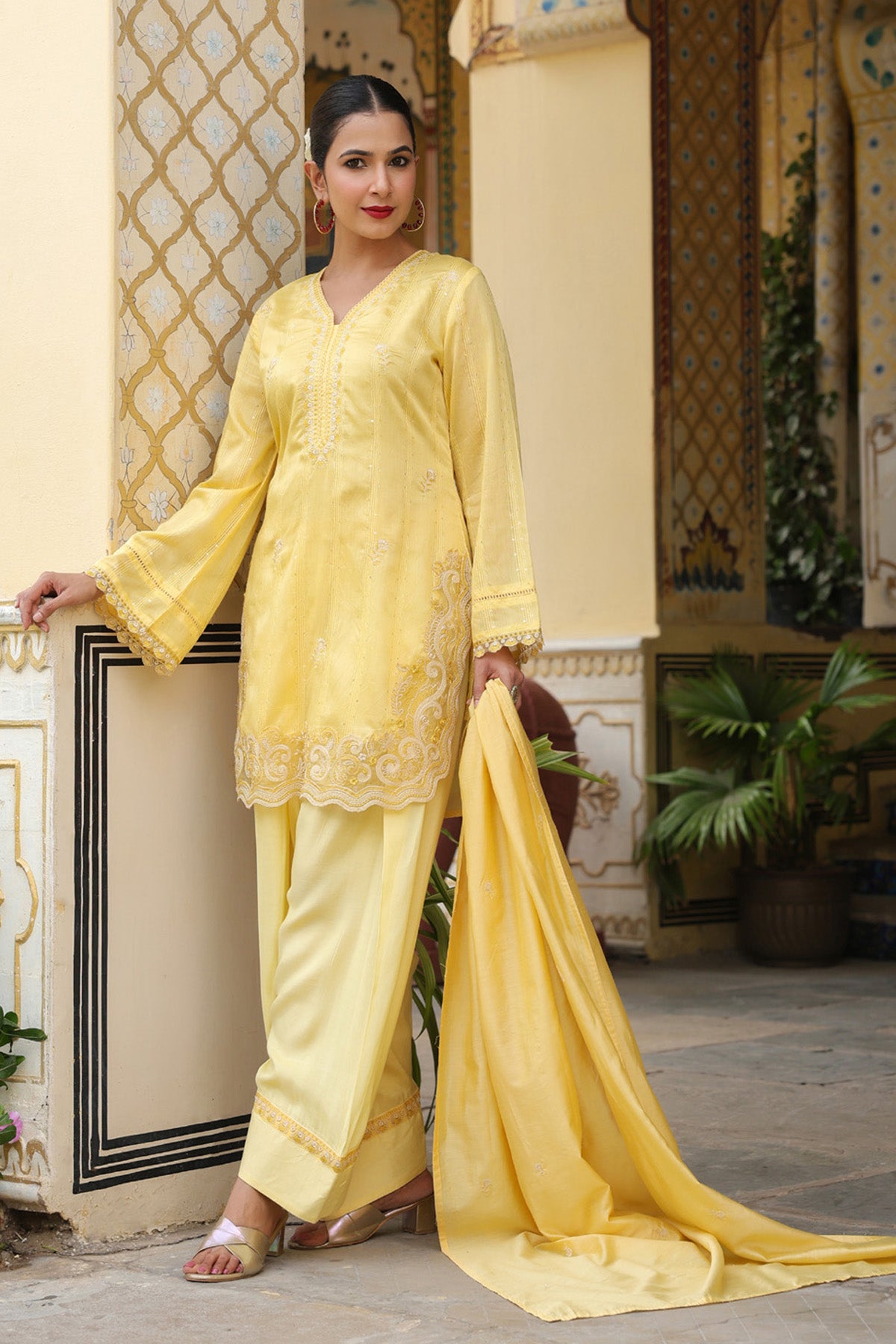 Pastel Yellow Chanderi Embroidered Farshi Suit Set With Dupatta
