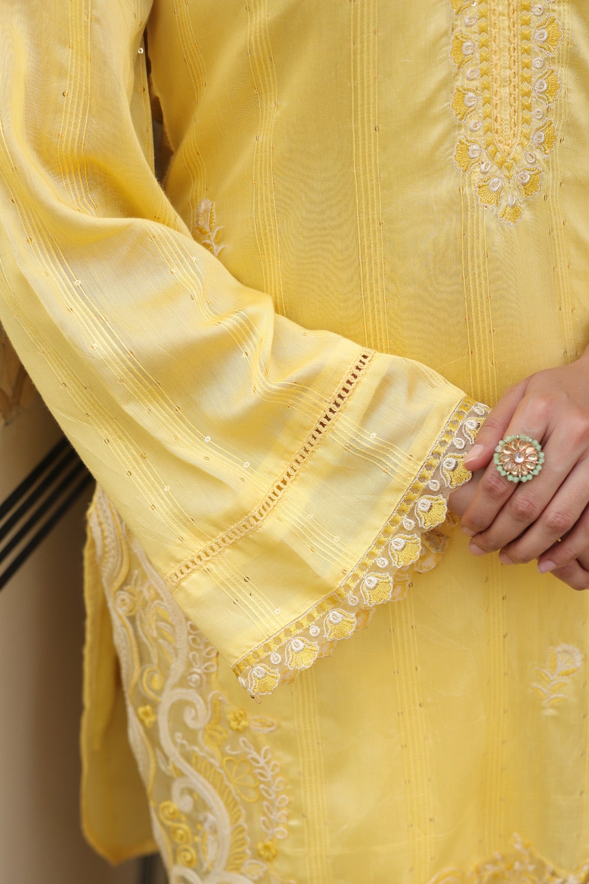 Pastel Yellow Chanderi Embroidered Farshi Suit Set With Dupatta