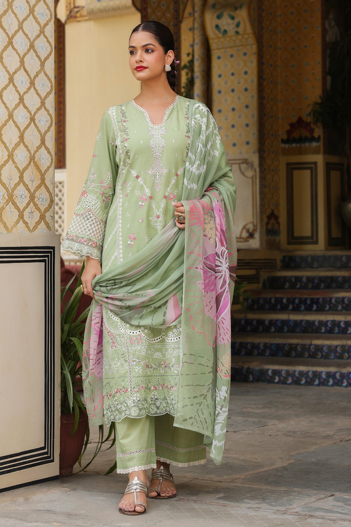 Sage Green Mal Chanderi Embroidered Straight Suit Set With Dupatta