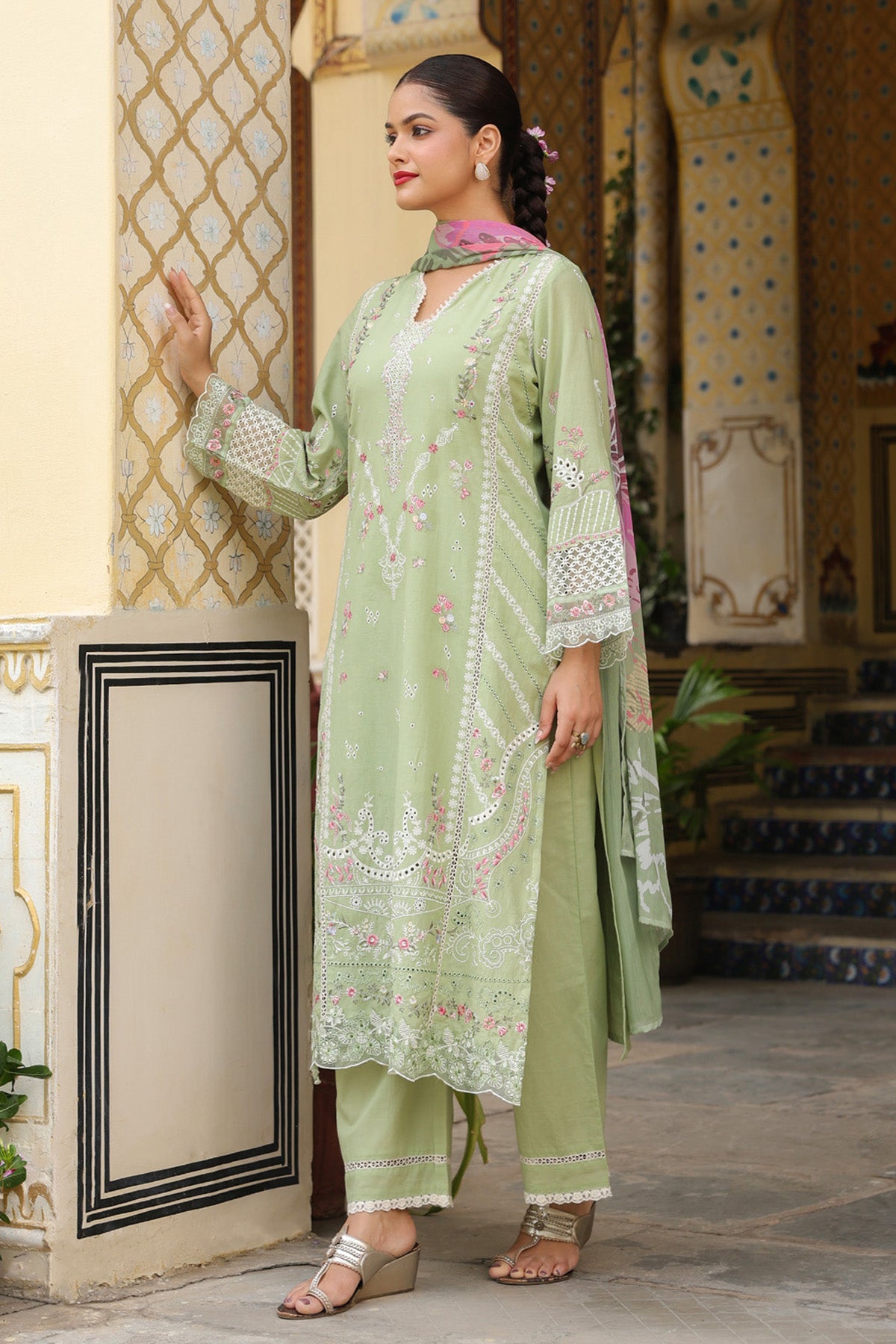 Sage Green Mal Chanderi Embroidered Straight Suit Set With Dupatta