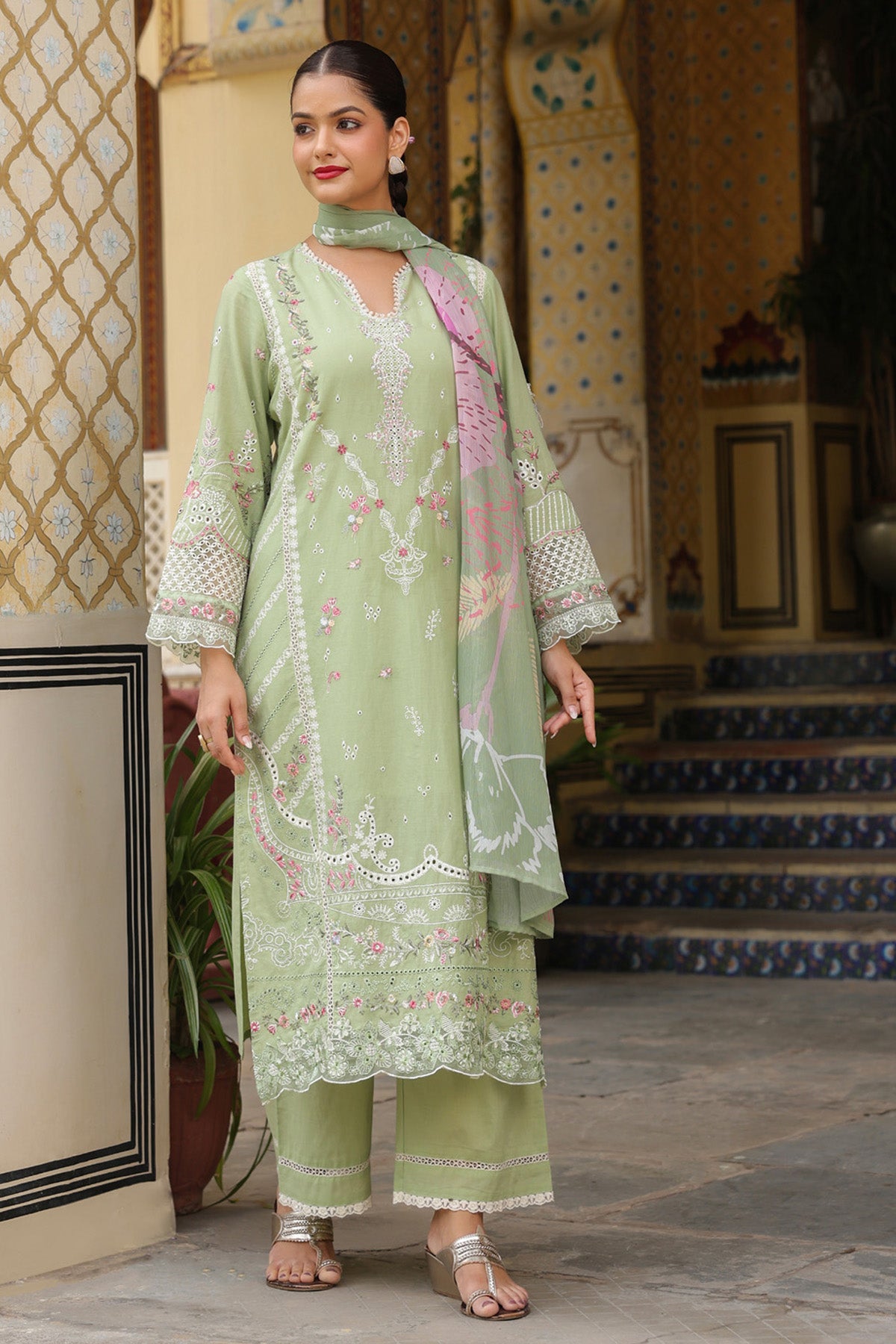 Sage Green Mal Chanderi Embroidered Straight Suit Set With Dupatta