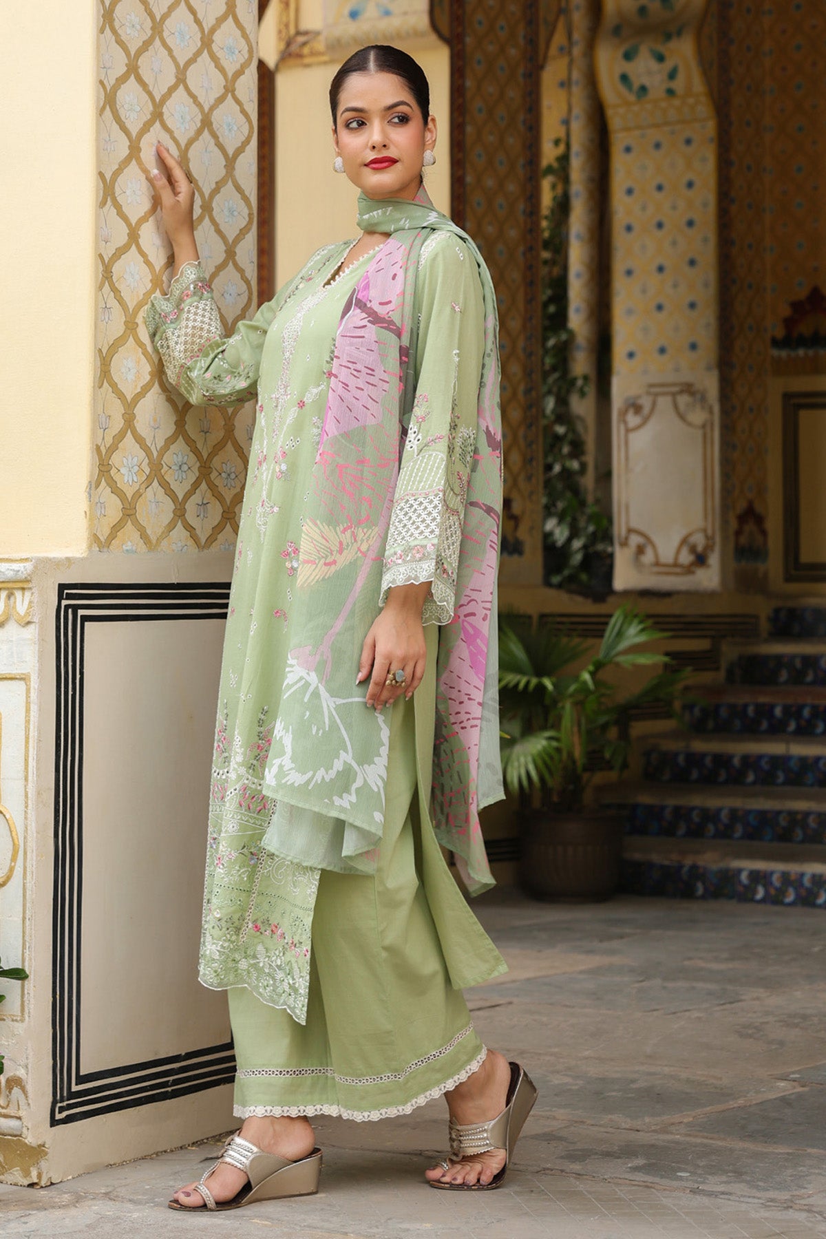 Sage Green Mal Chanderi Embroidered Straight Suit Set With Dupatta