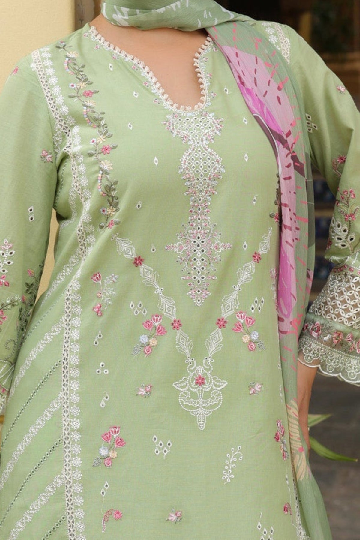 Sage Green Mal Chanderi Embroidered Straight Suit Set With Dupatta