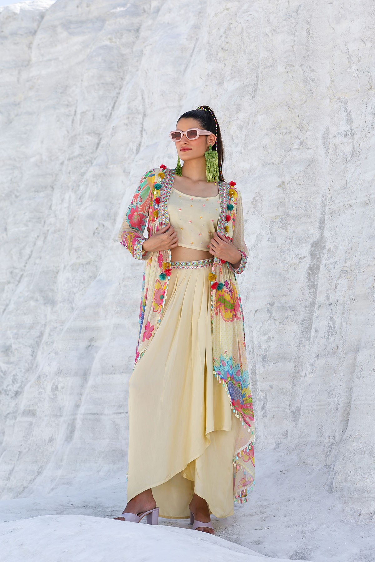 Cream Floral Chiffon Handwork Shrug Set