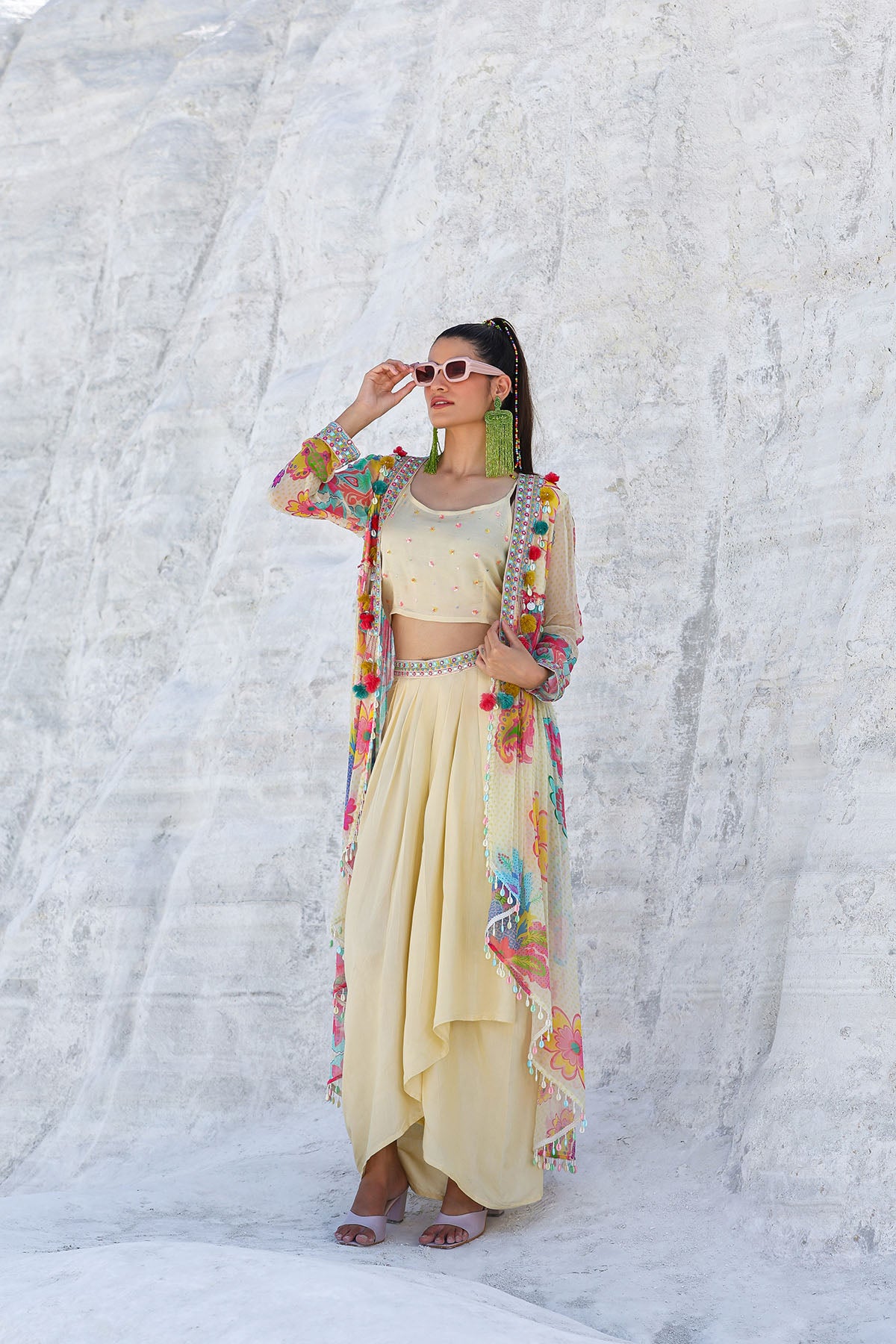 Cream Floral Chiffon Handwork Shrug Set