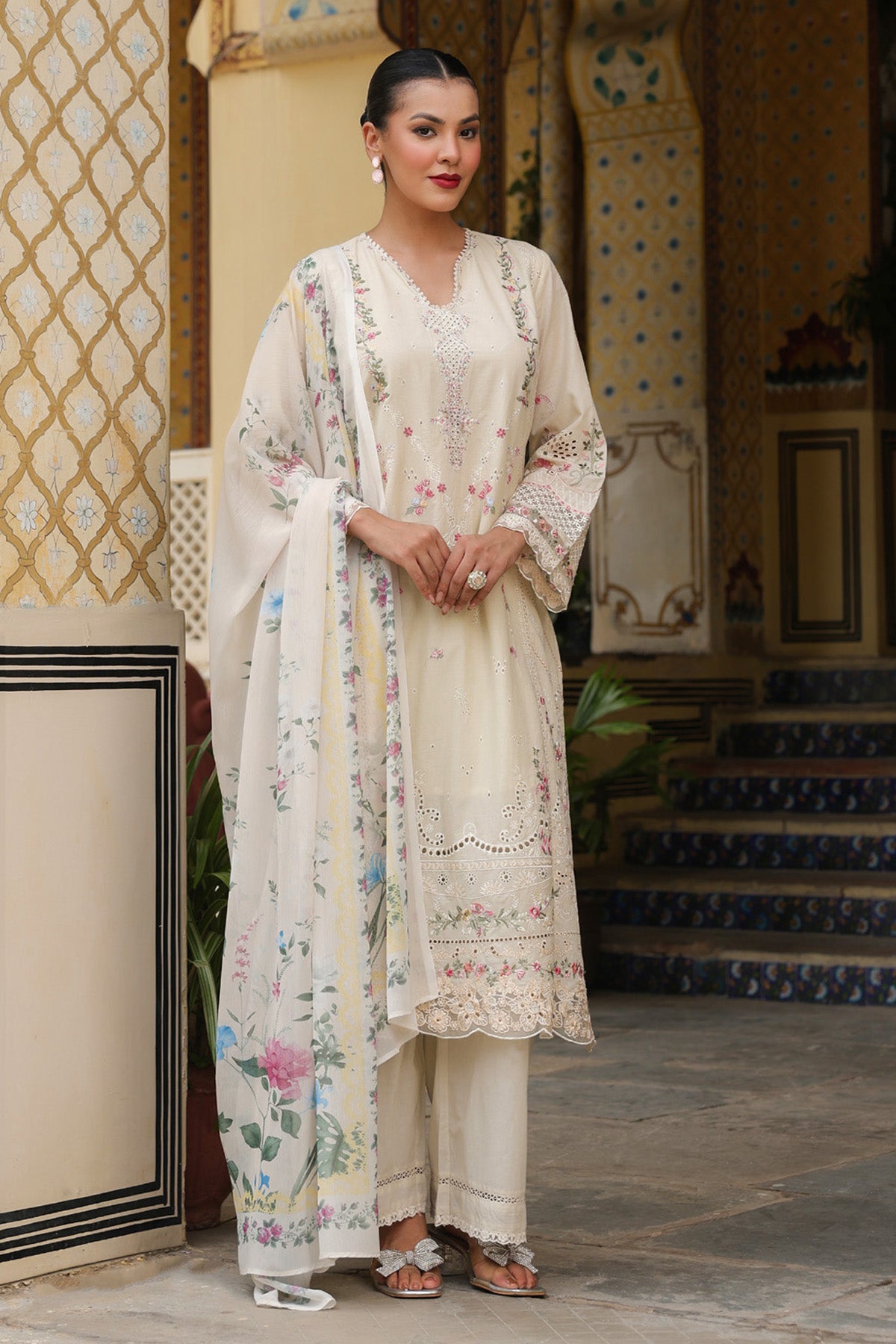 Ivory Cream Cotton Embroidered Straight Suit Set With Dupatta