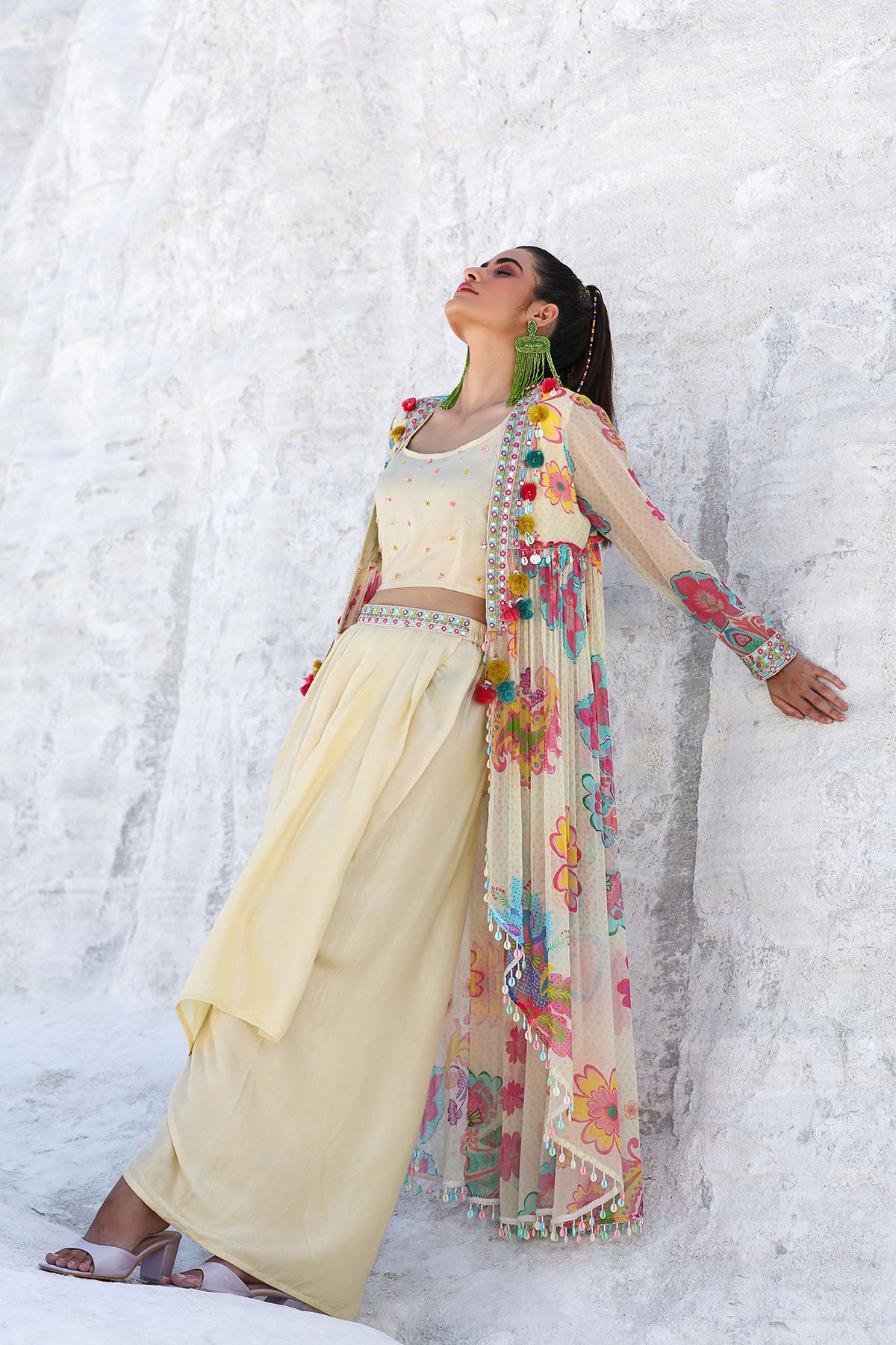 Cream Floral Chiffon Handwork Shrug Set