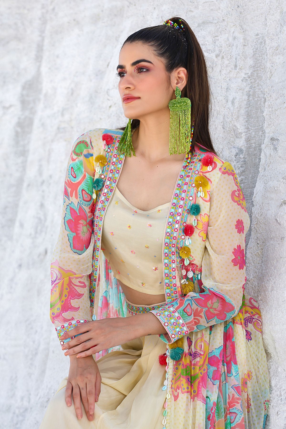 Cream Floral Chiffon Handwork Shrug Set