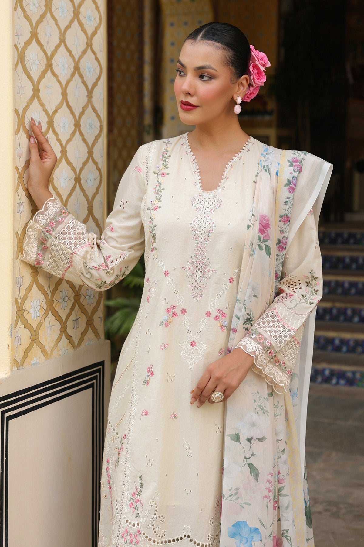 Ivory Cream Cotton Embroidered Straight Suit Set With Dupatta
