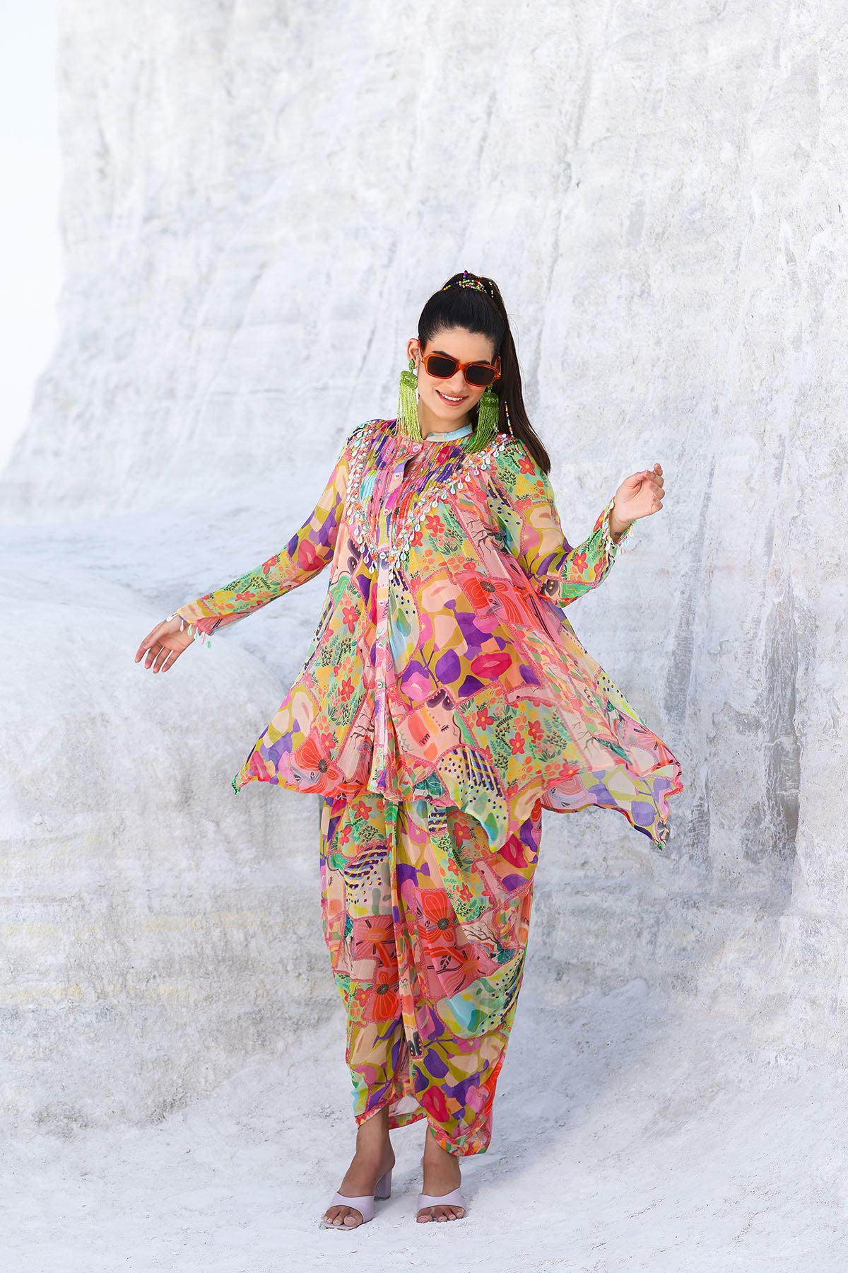 Pink Multicolor Chiffon Handwork Co-ord Set