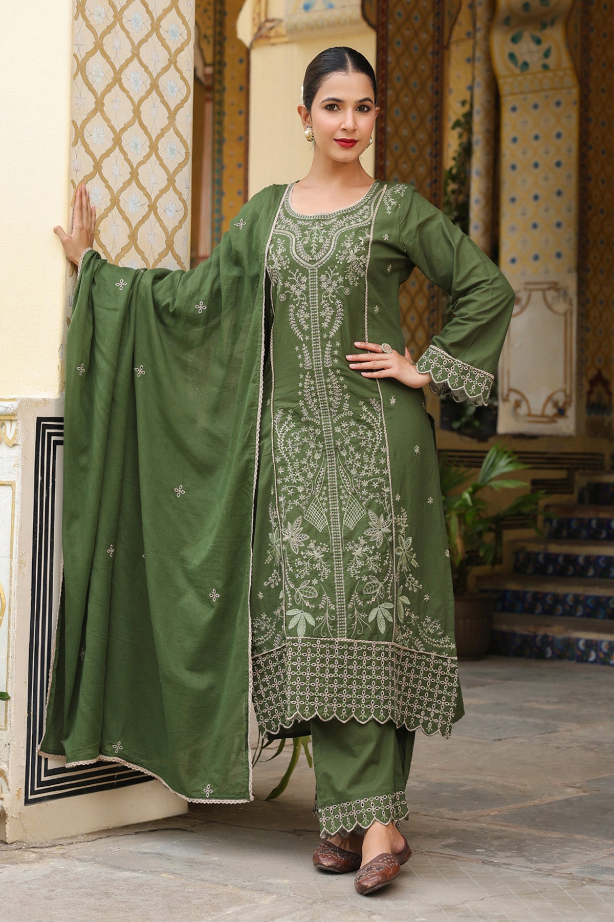 Olive Green Cotton Handwork Straight Suit Set With Dupatta