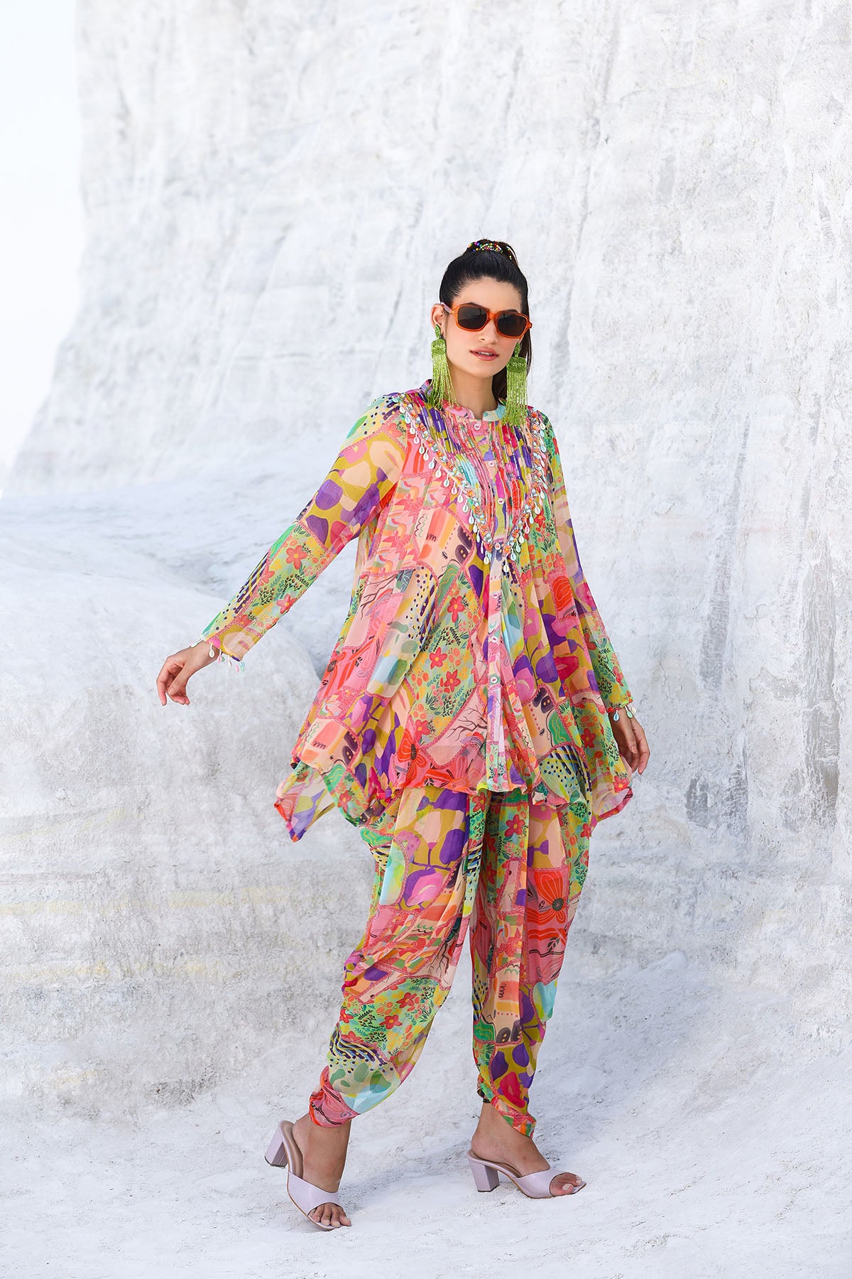 Pink Multicolor Chiffon Handwork Co-ord Set