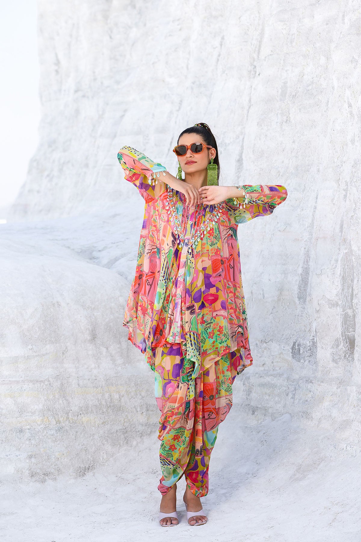 Pink Multicolor Chiffon Handwork Co-ord Set