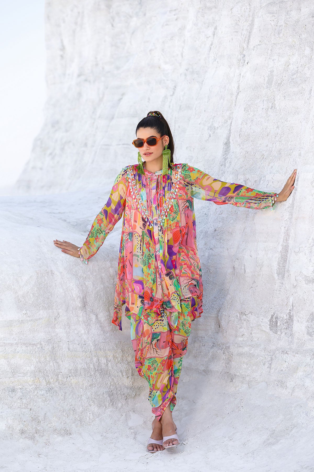 Pink Multicolor Chiffon Handwork Co-ord Set