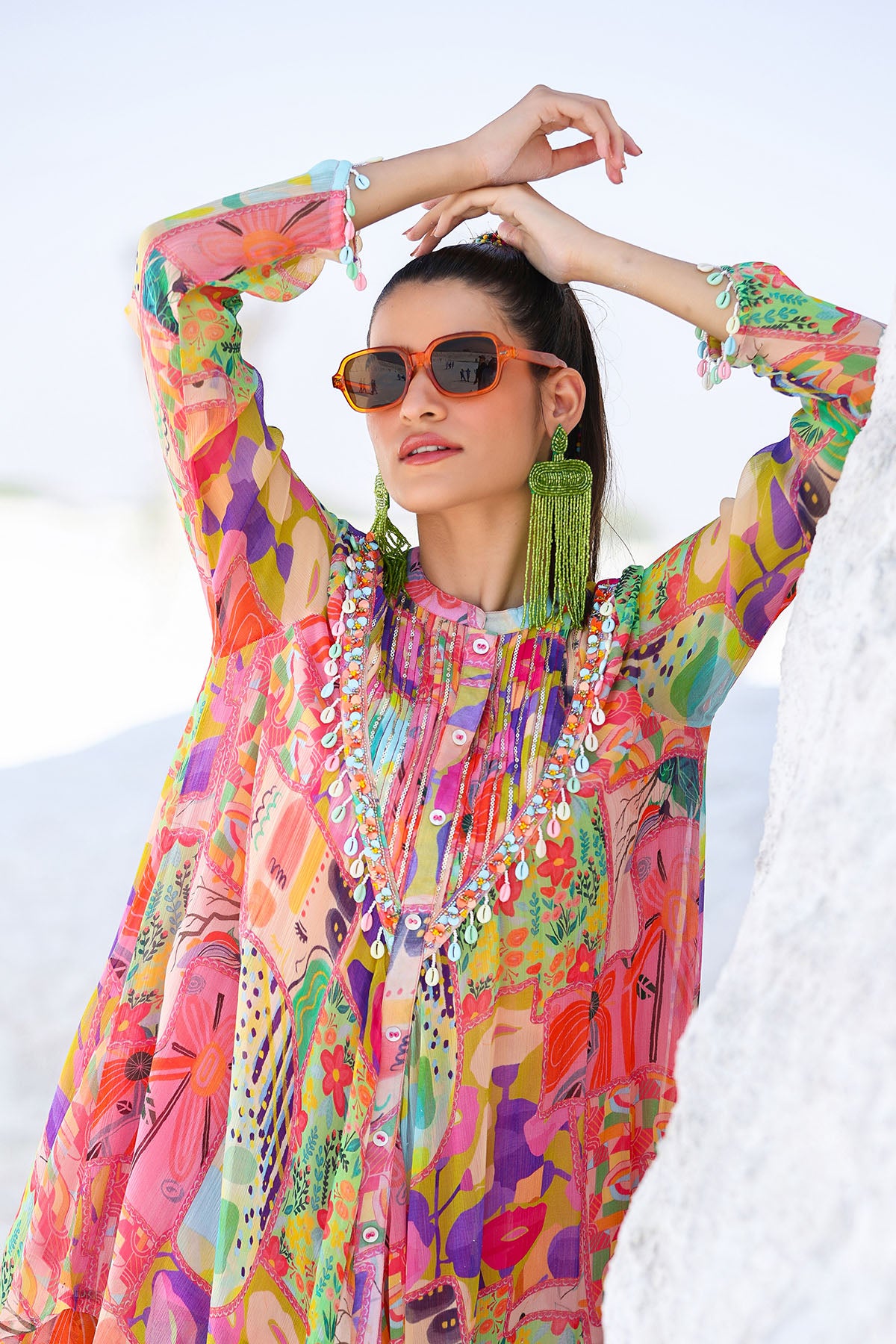 Pink Multicolor Chiffon Handwork Co-ord Set