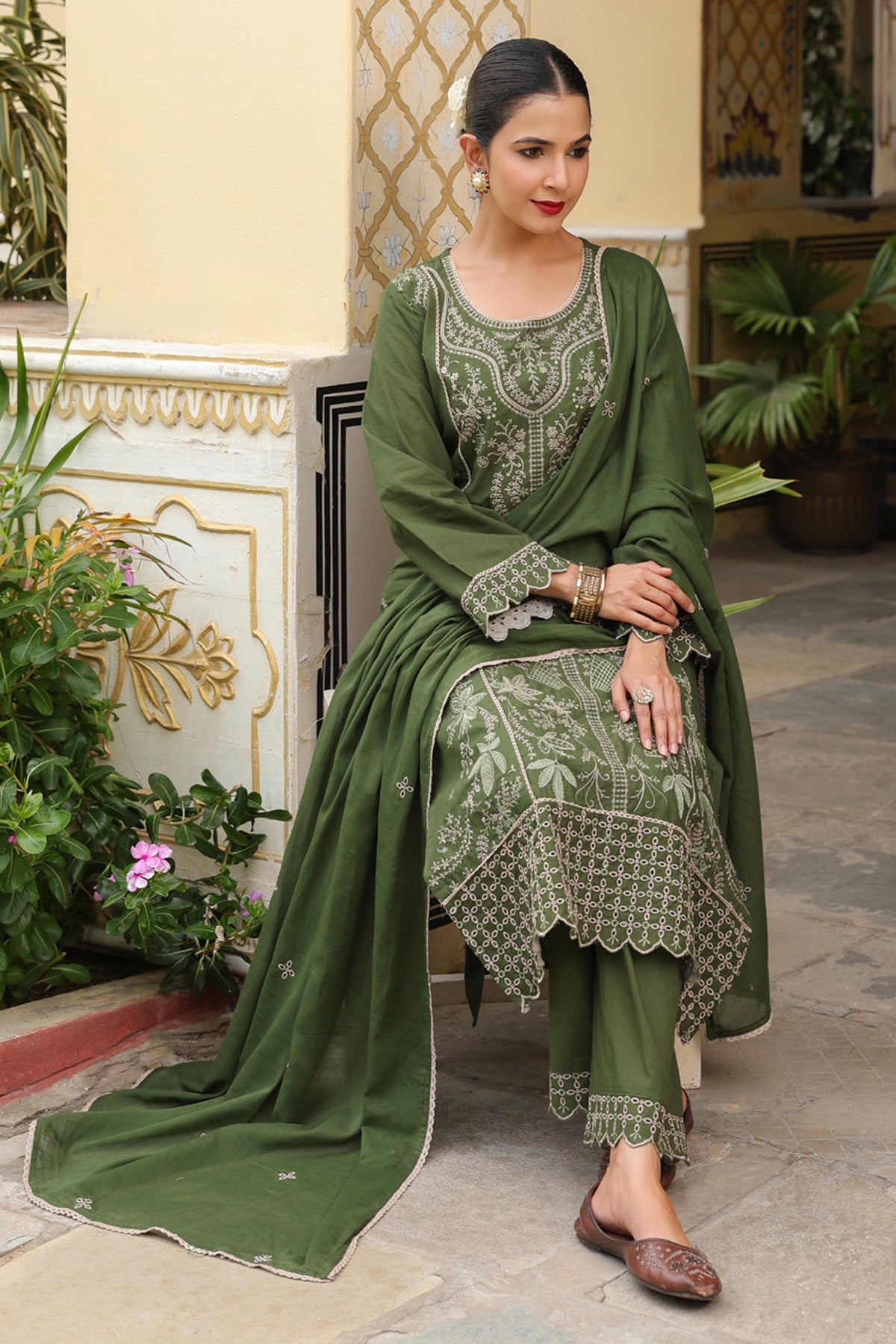 Olive Green Cotton Handwork Straight Suit Set With Dupatta