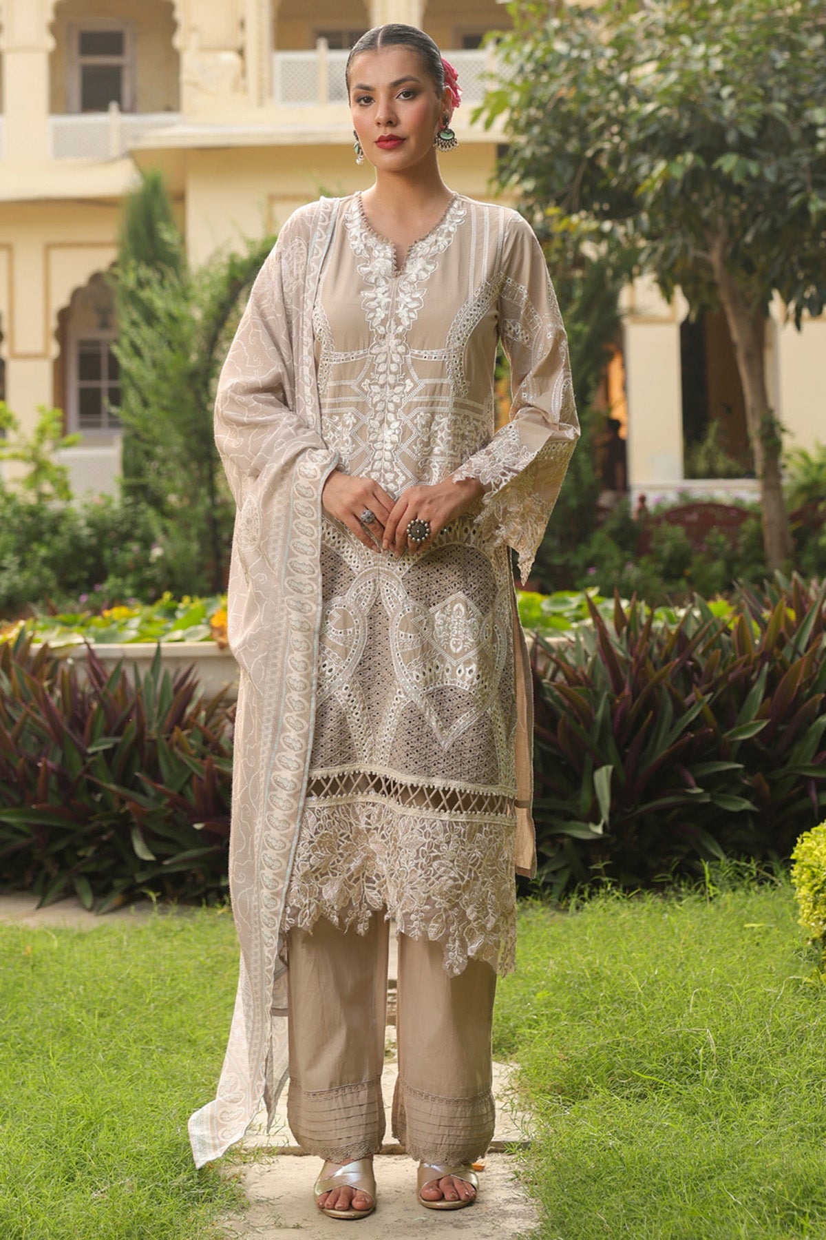 Beige Cotton Embroidered Pakistani Straight Suit Set With Dupatta