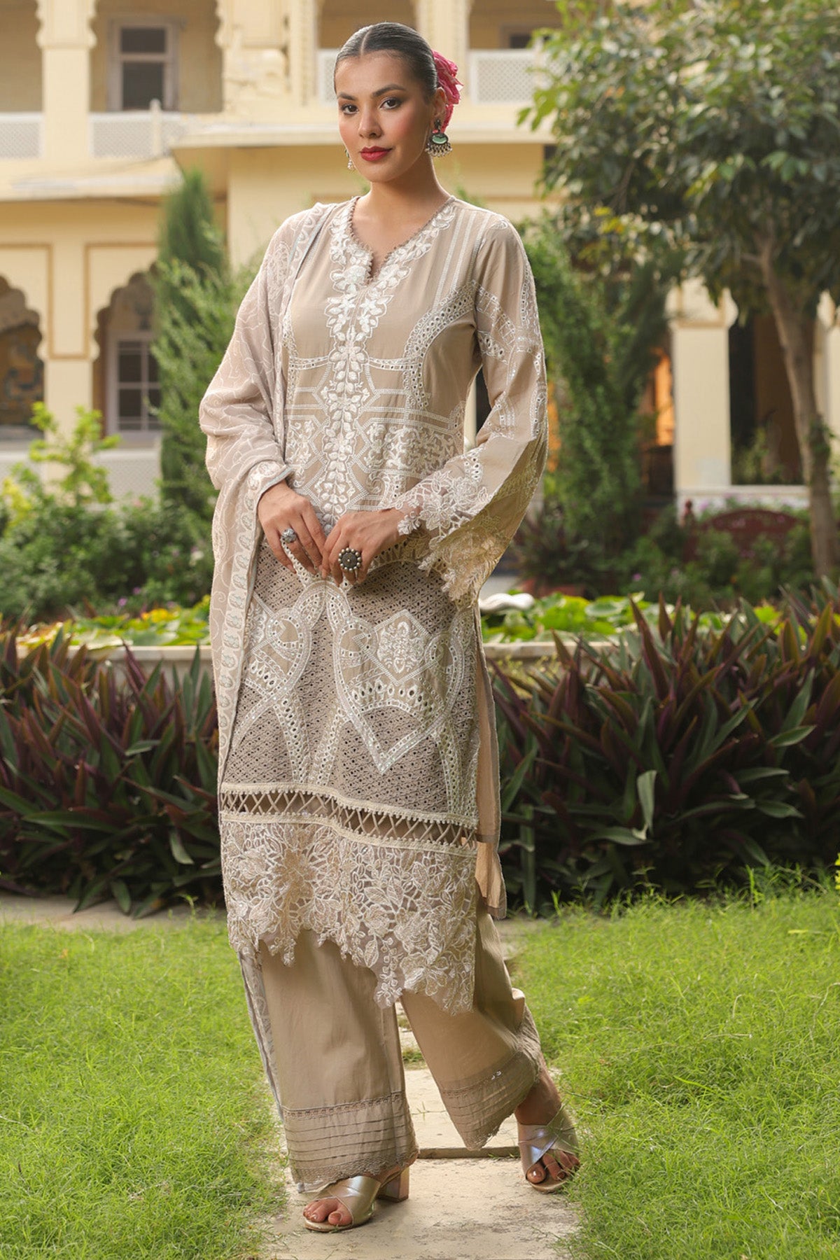 Beige Cotton Embroidered Pakistani Straight Suit Set With Dupatta
