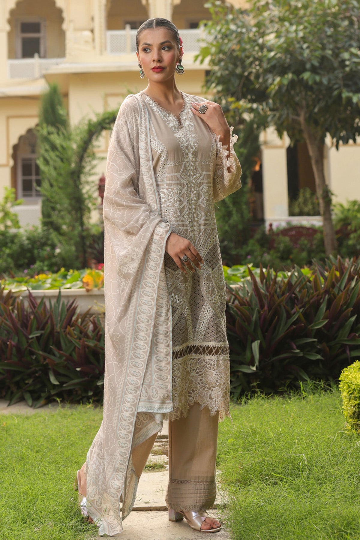 Beige Cotton Embroidered Pakistani Straight Suit Set With Dupatta