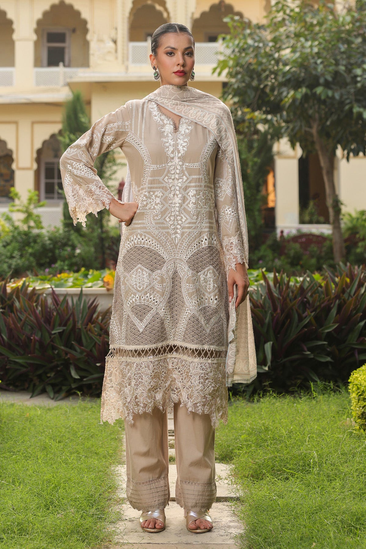 Beige Cotton Embroidered Pakistani Straight Suit Set With Dupatta