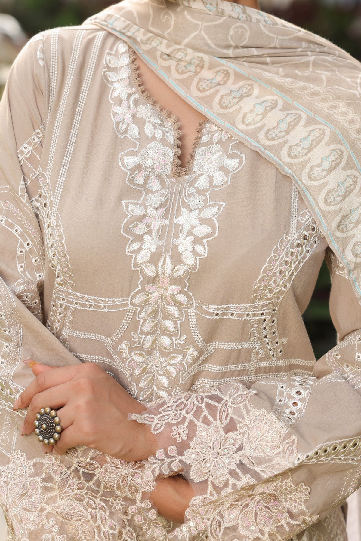 Beige Cotton Embroidered Pakistani Straight Suit Set With Dupatta
