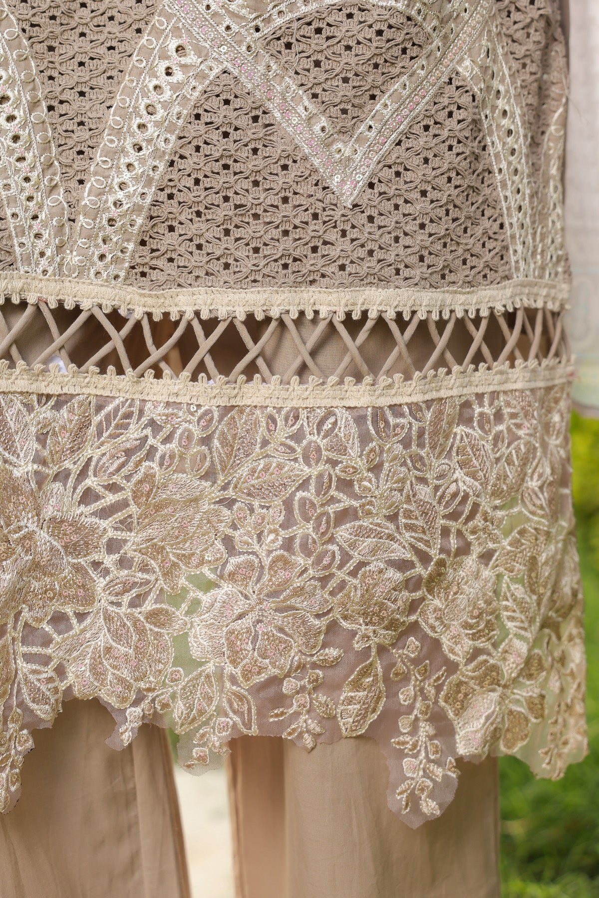 Beige Cotton Embroidered Pakistani Straight Suit Set With Dupatta