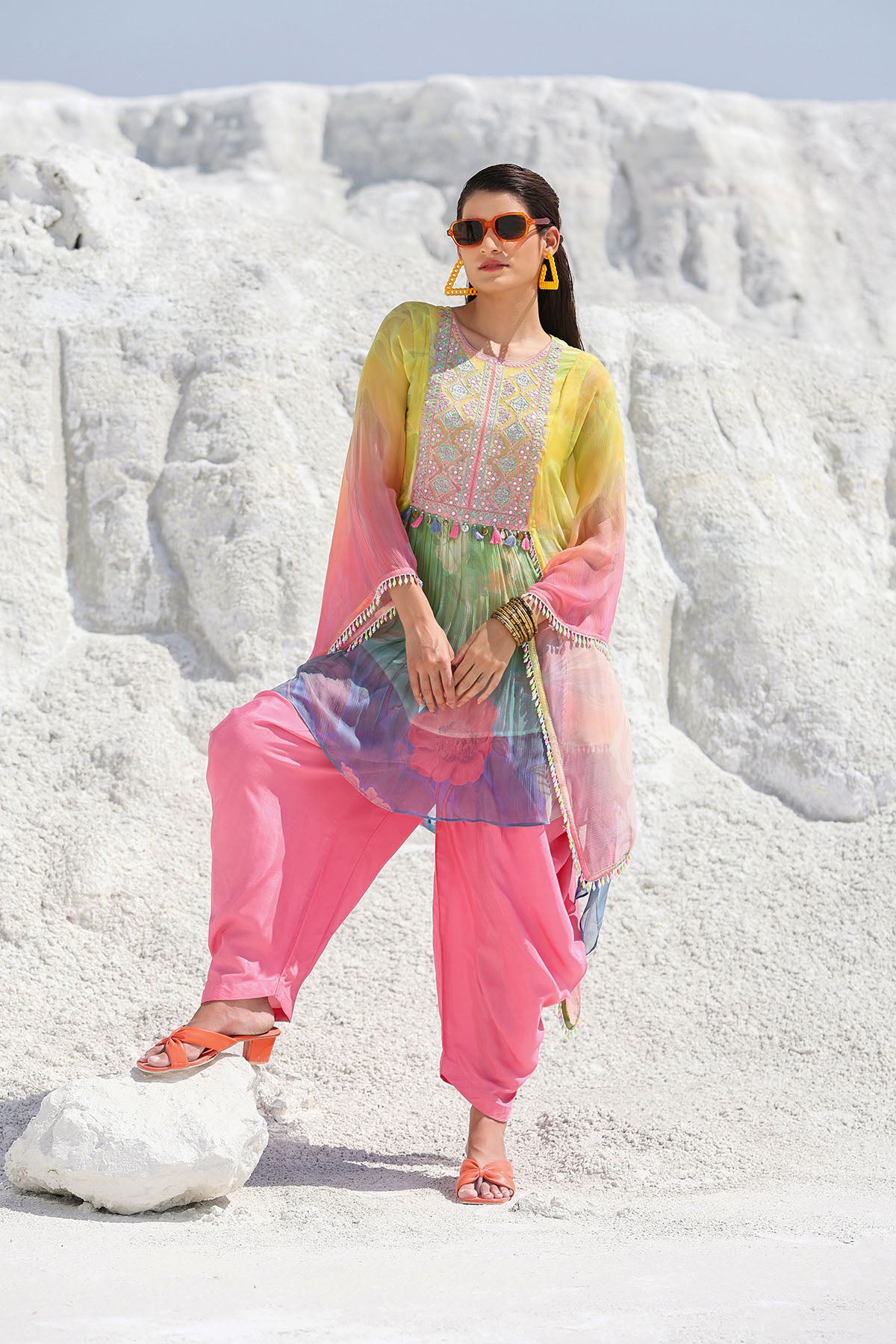 Yellow Multicolor Chiffon Embroidered Co-ord Set