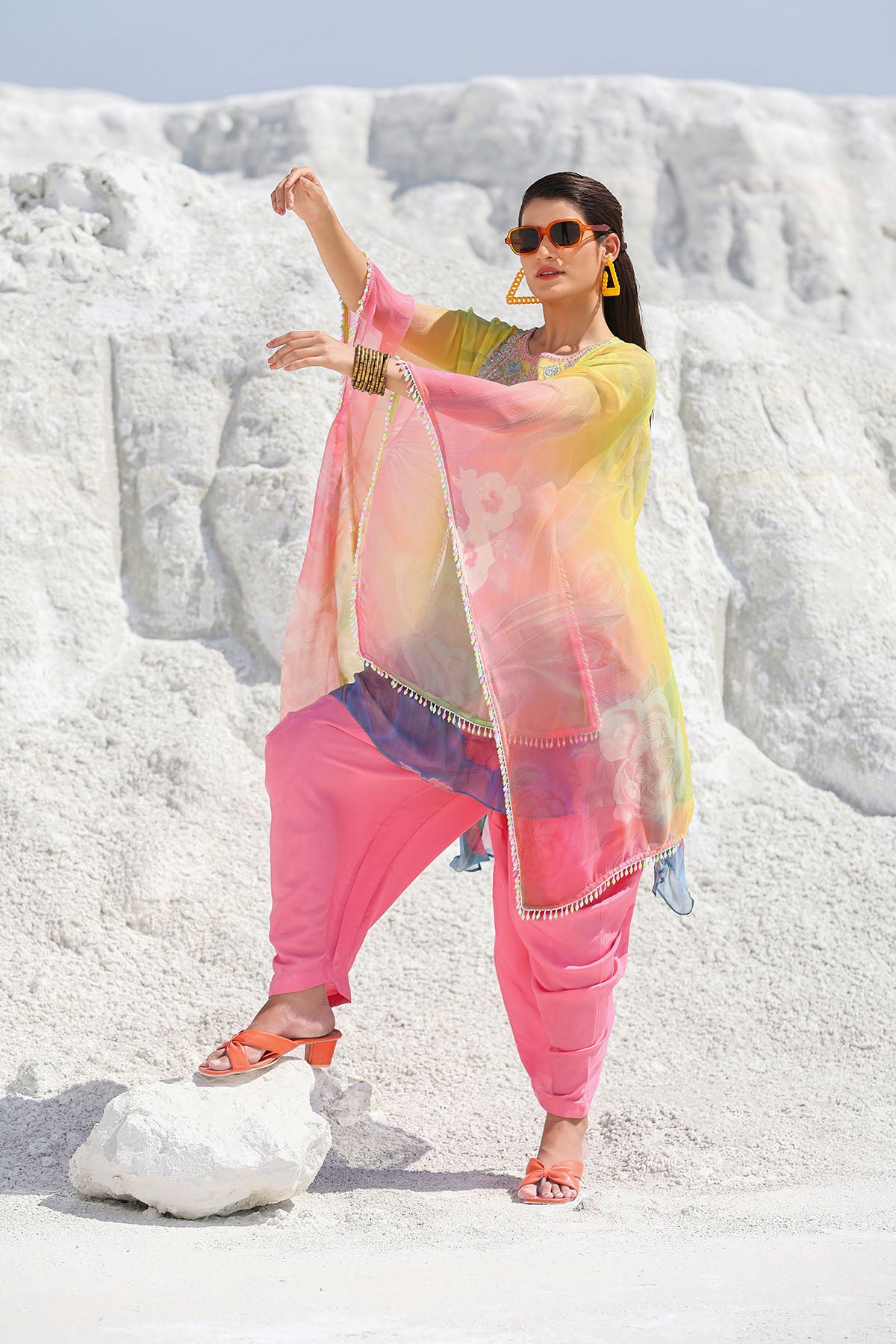 Yellow Multicolor Chiffon Embroidered Co-ord Set
