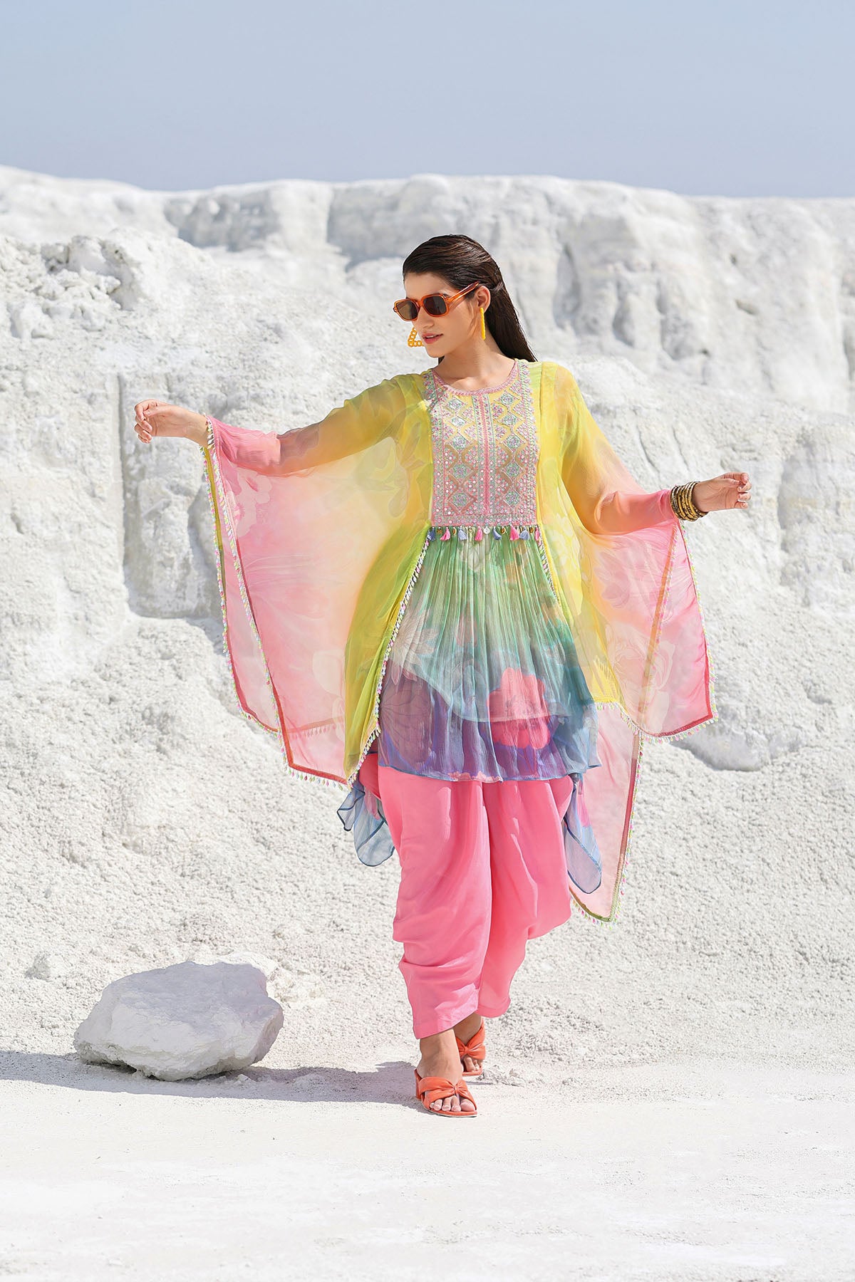 Yellow Multicolor Chiffon Embroidered Co-ord Set