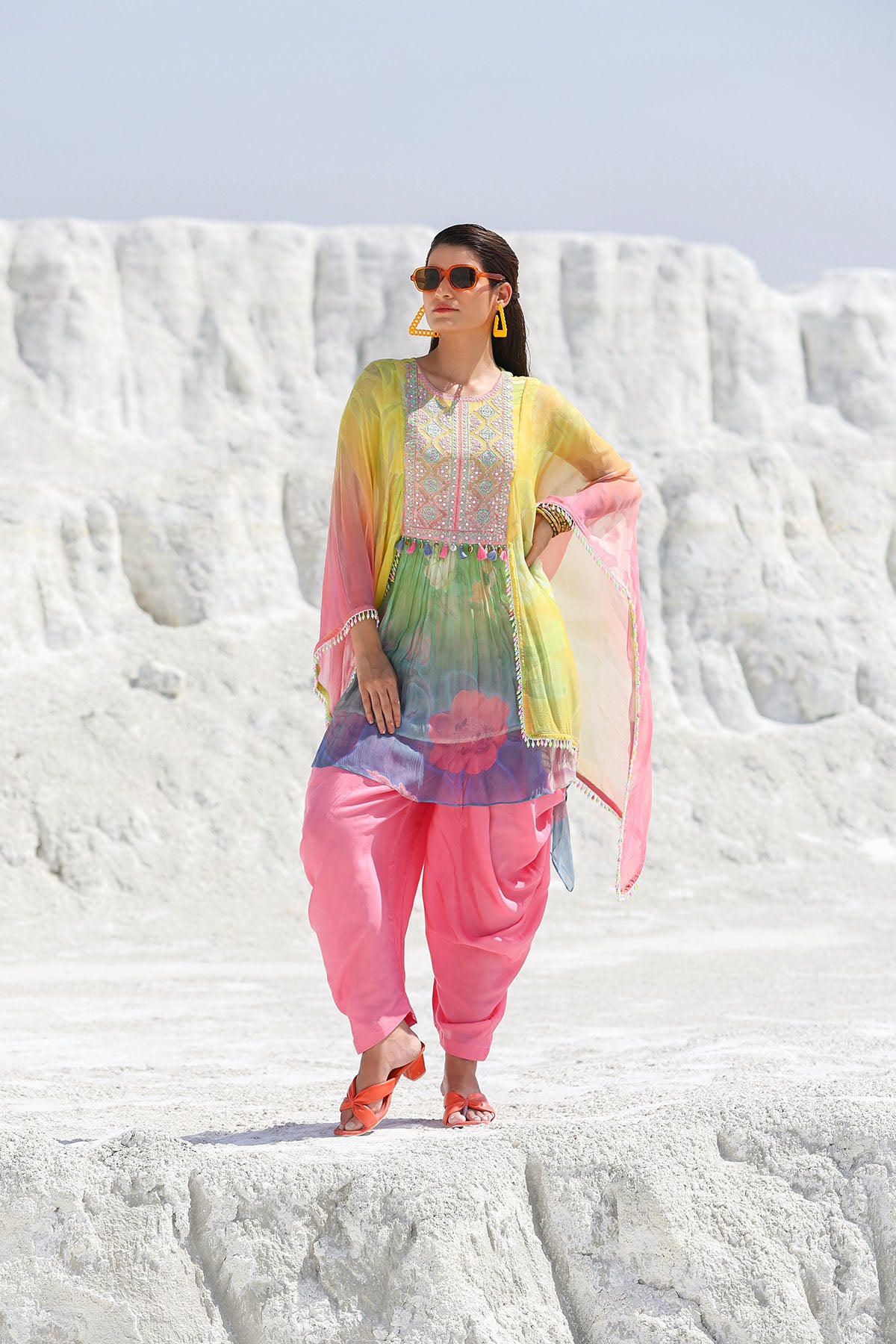 Yellow Multicolor Chiffon Embroidered Co-ord Set