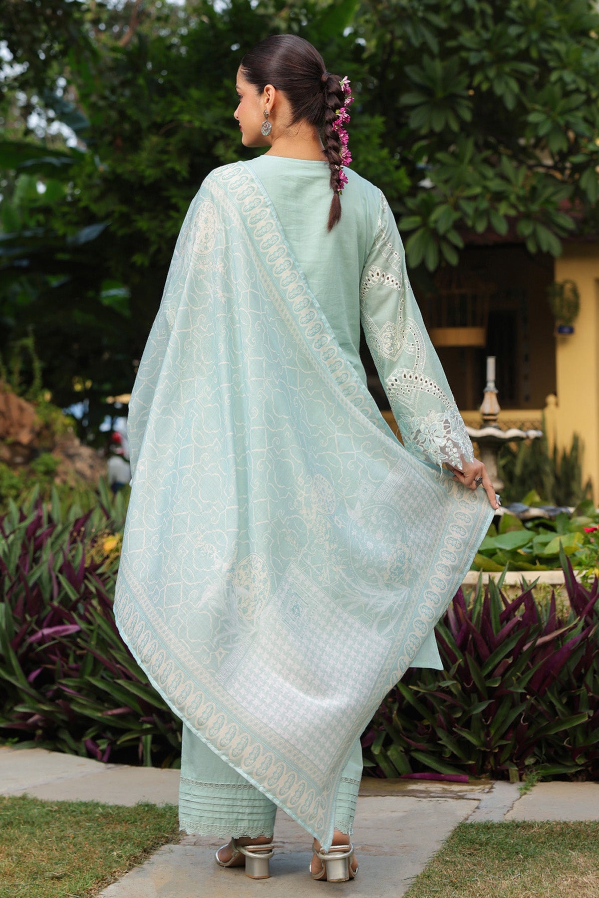Pastel Mint Green Cotton Embroidered Pakistani Straight Suit Set With Dupatta