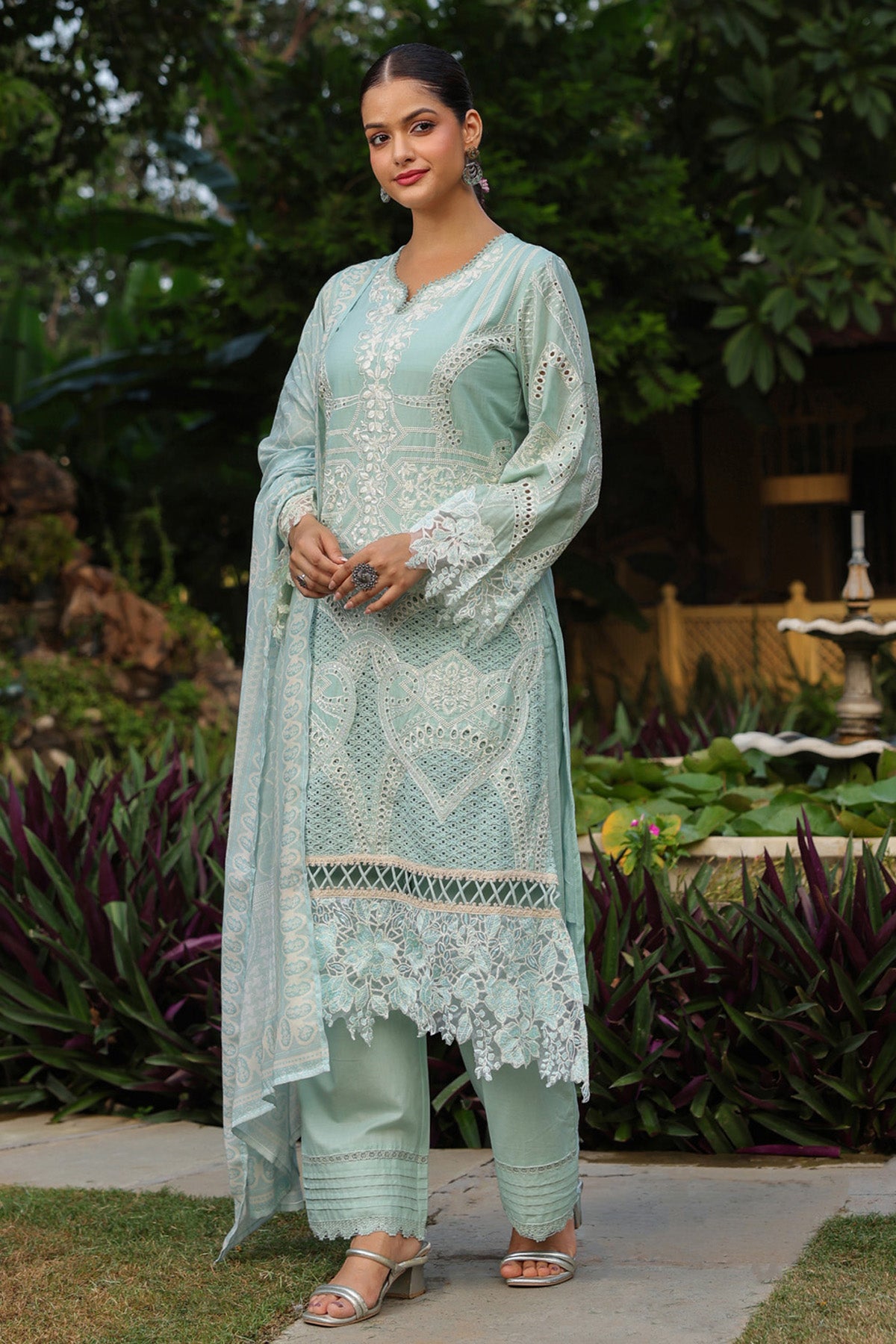 Pastel Mint Green Cotton Embroidered Pakistani Straight Suit Set With Dupatta