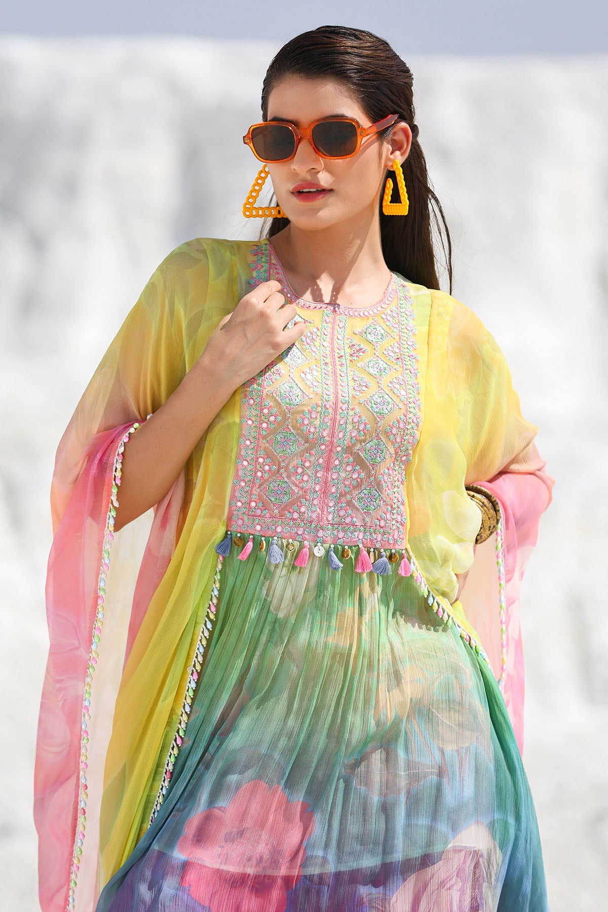 Yellow Multicolor Chiffon Embroidered Co-ord Set
