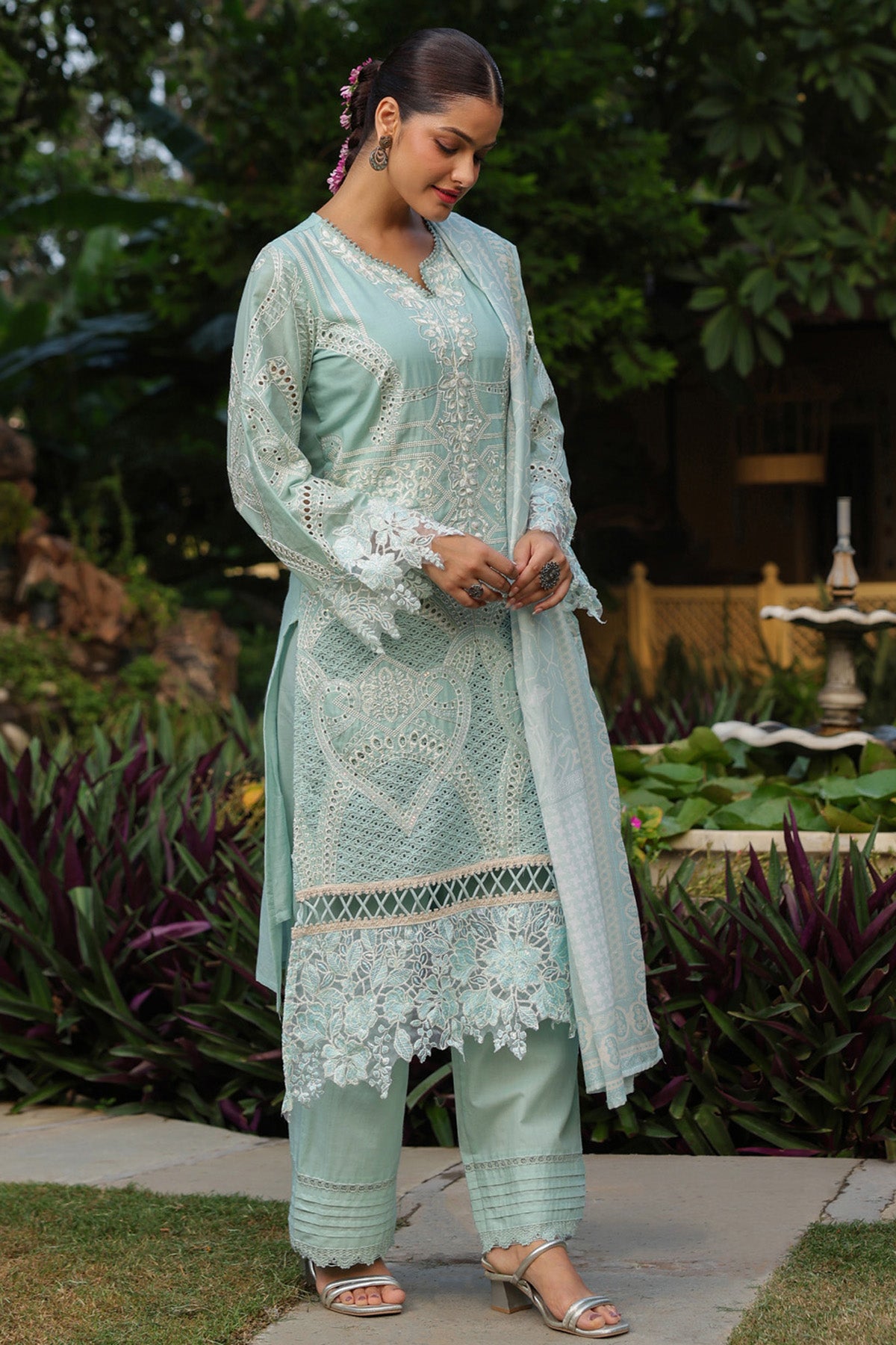 Pastel Mint Green Cotton Embroidered Pakistani Straight Suit Set With Dupatta