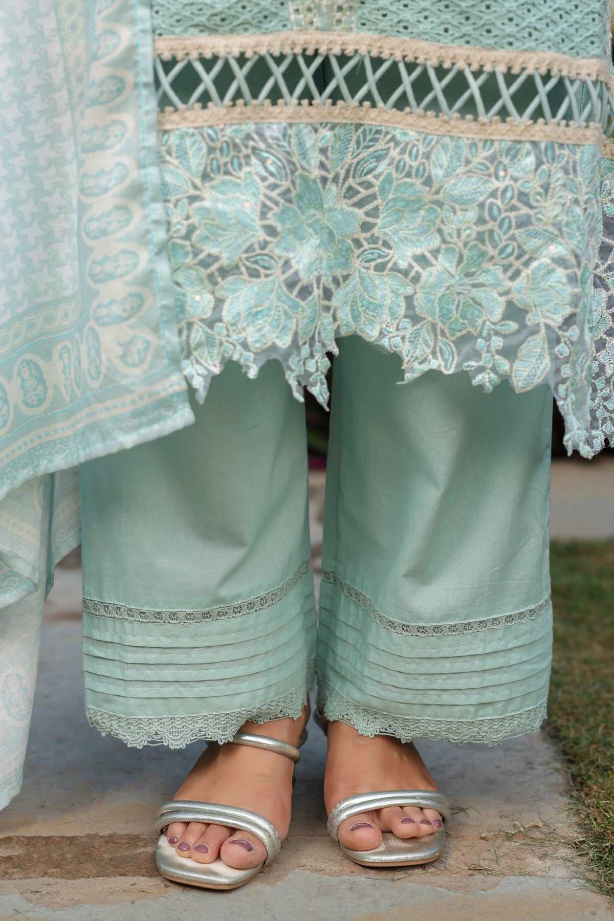 Pastel Mint Green Cotton Embroidered Pakistani Straight Suit Set With Dupatta