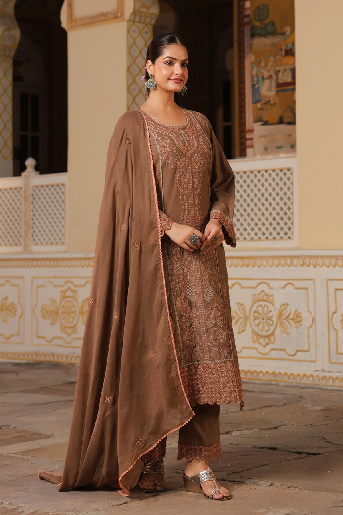 Mocha Brown Cotton Handwork Straight Suit Set With Dupatta