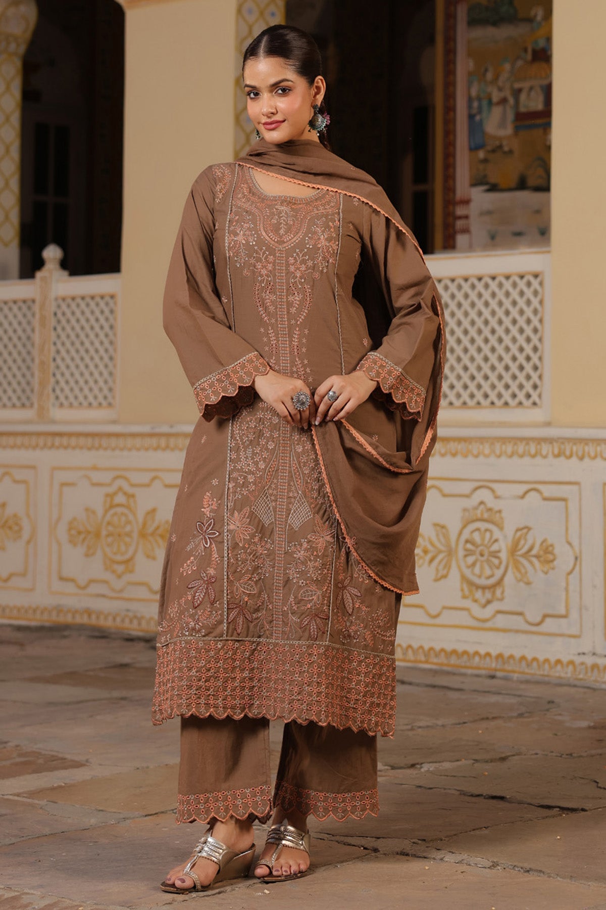 Mocha Brown Cotton Handwork Straight Suit Set With Dupatta