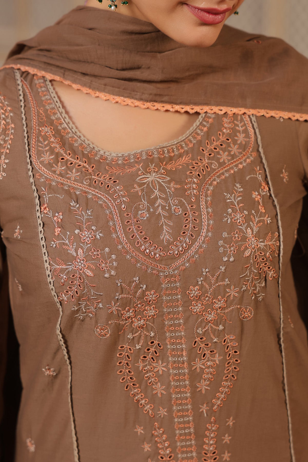 Mocha Brown Cotton Handwork Straight Suit Set With Dupatta