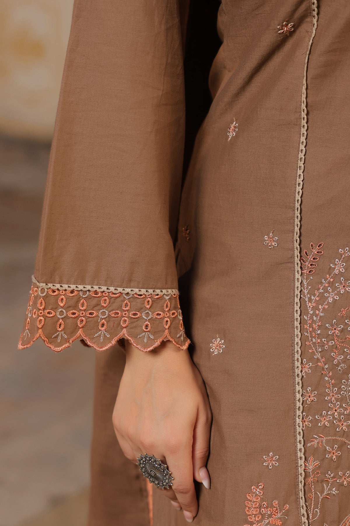 Mocha Brown Cotton Handwork Straight Suit Set With Dupatta