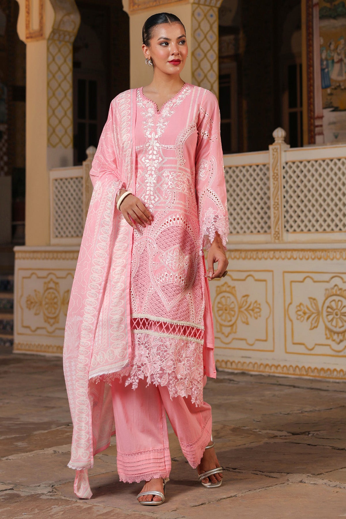 Coral Pink Cotton Embroidered Pakistani Straight Suit Set With Dupatta