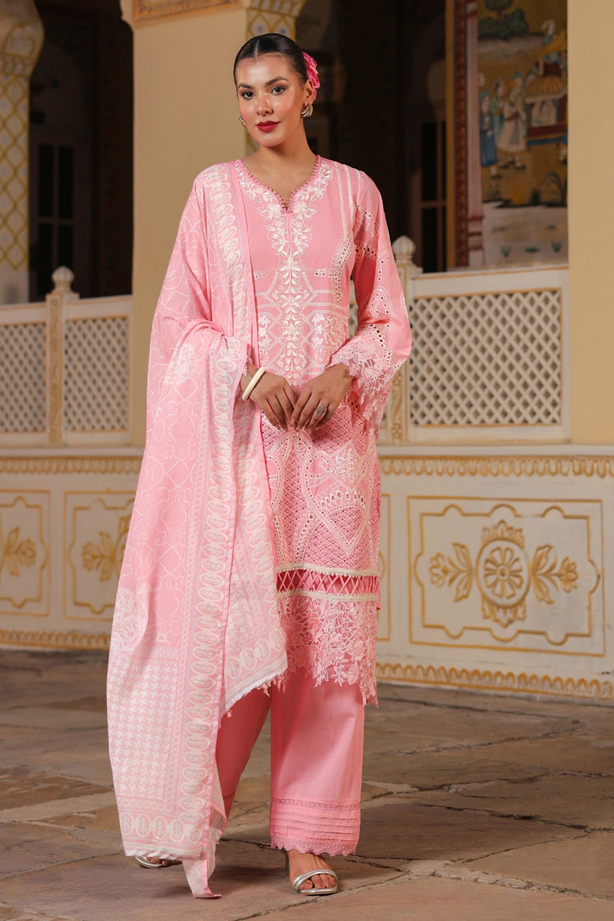 Coral Pink Cotton Embroidered Pakistani Straight Suit Set With Dupatta